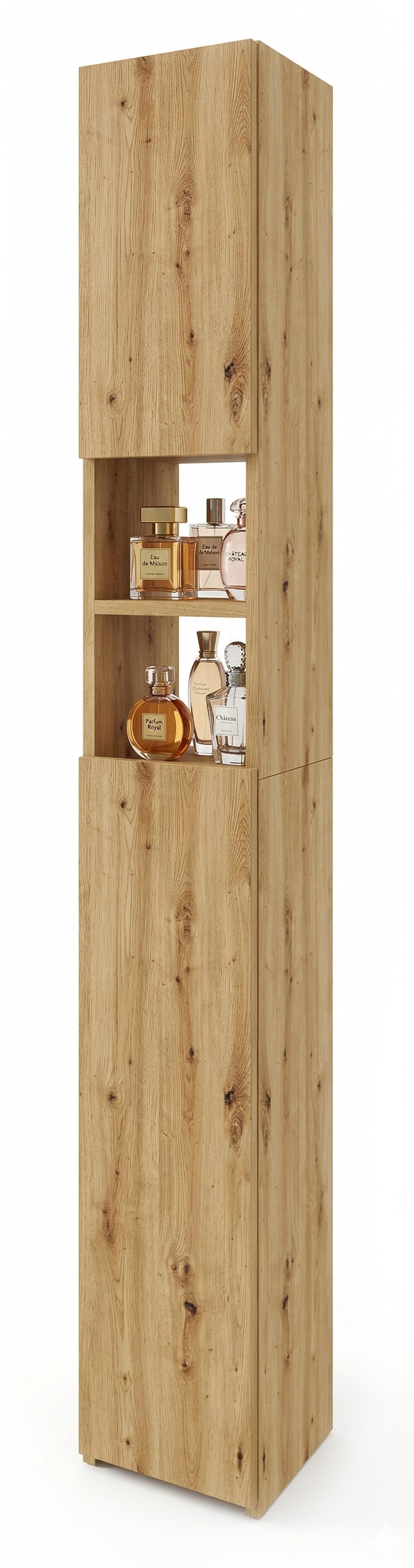 TREND WERK Hochschrank Badschrank schmal stehend B24 x T31 x H172 cm (Schmaler Badezimmerschrank mit Regalfächern & Stauraum) Holzoptik, offene & geschlossene F – Bild 3 von 5
