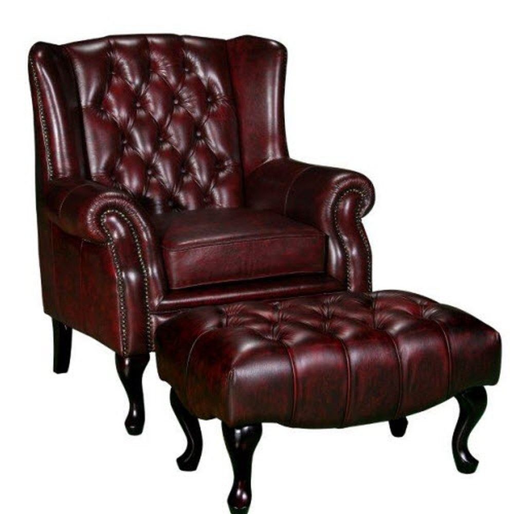 JVmoebel Ohrensessel Chesterfield Sessel mit Hocker aus Leder und Textil, Made in Europa