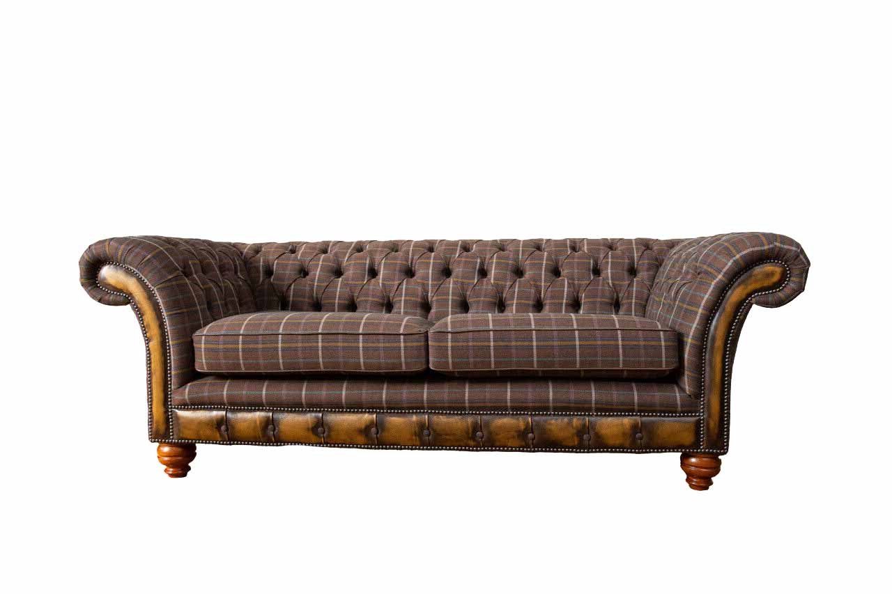 JVmoebel Chesterfield-Sofa 3-SITZIGES FISCHGRÄTENWOLLE MIT BRAUNES TWEED-SOFA HANDGEFERTIGTES