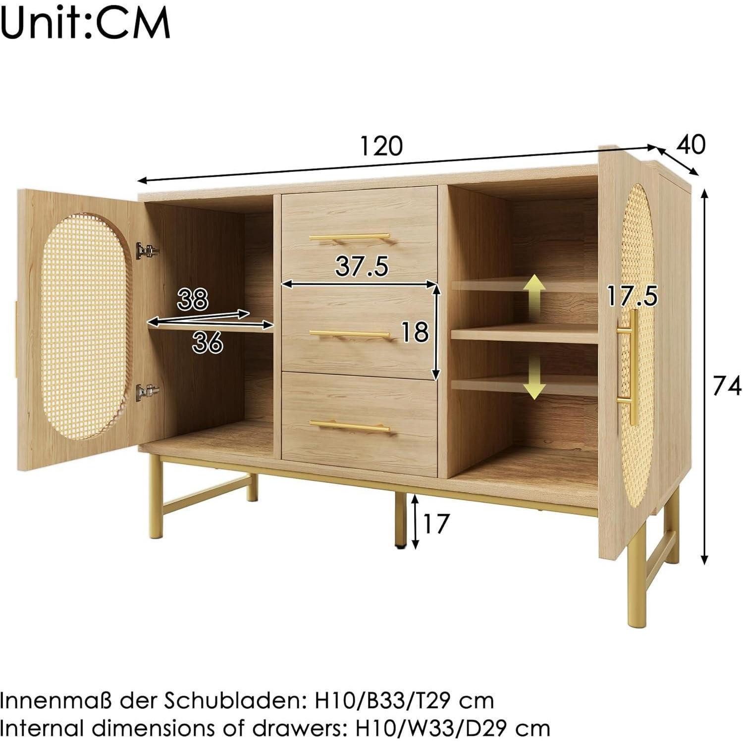 LuxusKollektion Sideboard Sideboard Hochglanz 3 Schubladen Rattan Türen Eiche(120x40x74cm)