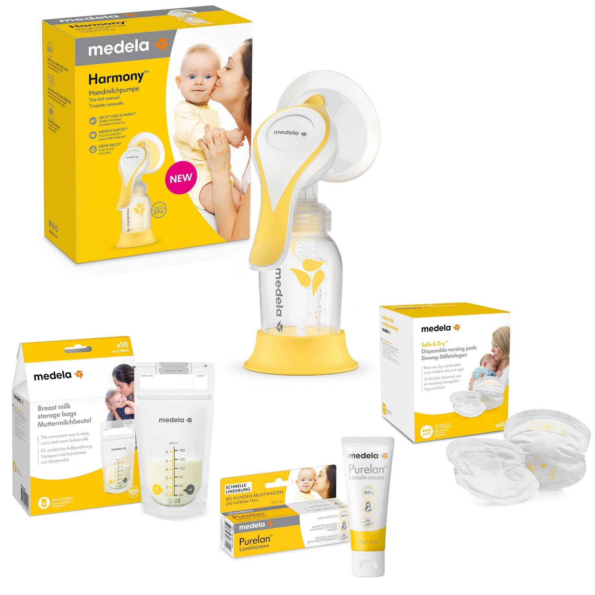 MEDELA Milchpumpe Zubehör-Set Handmilchpumpe Harmony Set mit Muttermilchbeutel Stilleinlagen Purelan