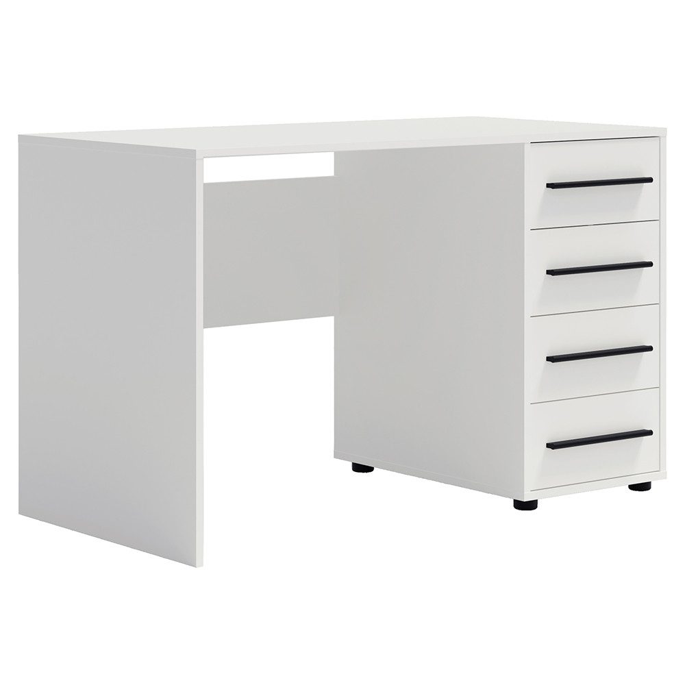 Lomadox Schreibtisch MOLLERUSA-132, 120cm breit, weiß matt mit schwarzen Griffen, 4 Schubladen