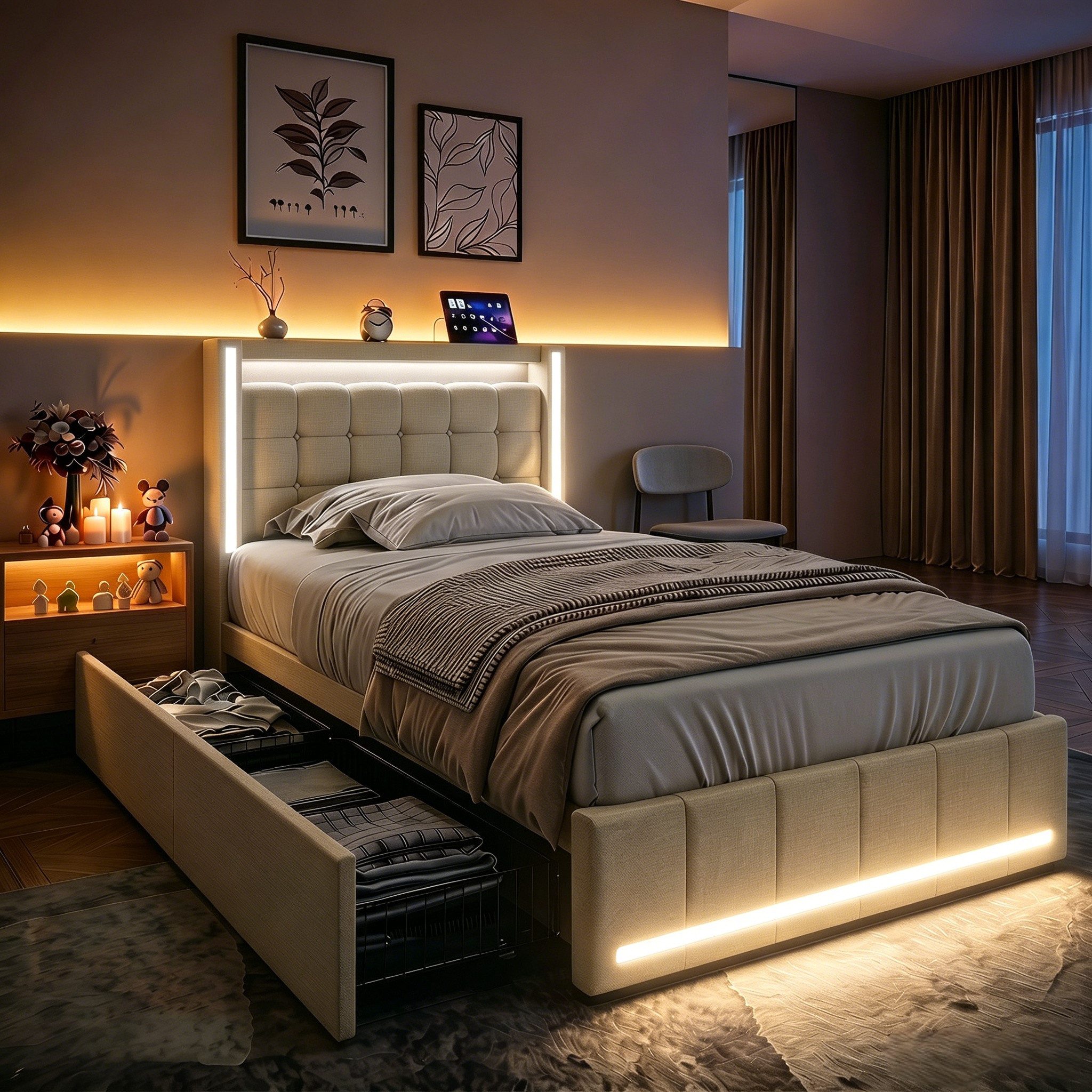 Furnishings Home Polsterbett LED Doppelbett Stauraumbett mit Kopfteil und 4 Schubladen (Leinenmaterial Polsterbett mit RGB Beleuchtung), mit Lattenrost und Ladefunktion, mit Komforthöhe, Leises Design Bett