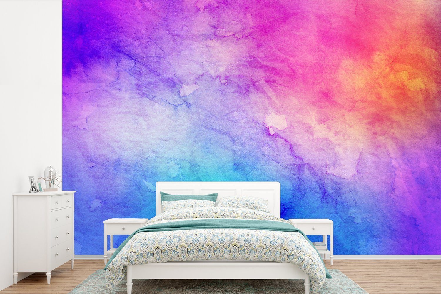 MuchoWow Fototapete Wasserfarben - Orange - Rosa - Blau, Matt, bedruckt, (6 St), Wallpaper für Wohnzimmer, Schlafzimmer, Kinderzimmer, Vinyl Tapete