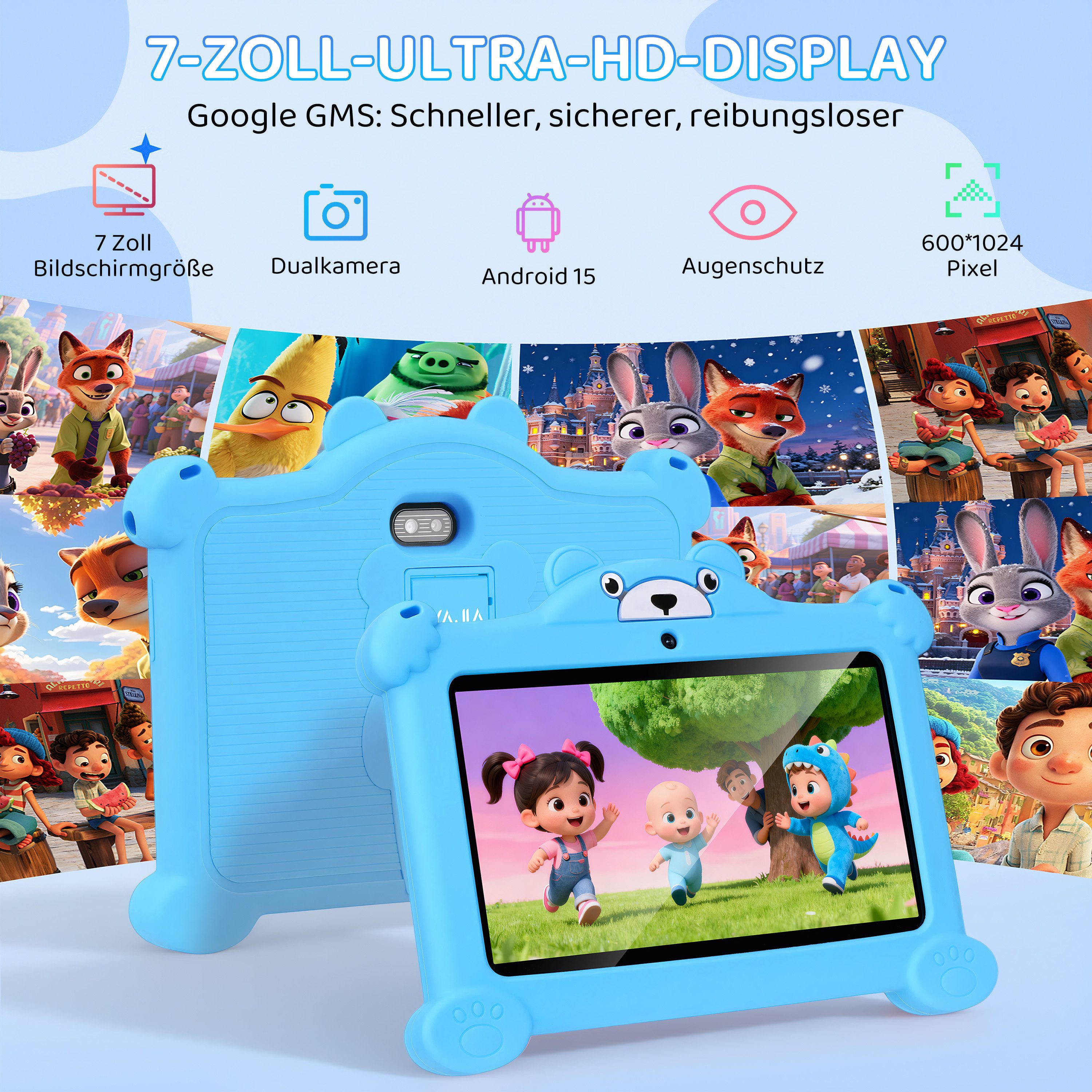 LETGOSPT 7 Zoll 4GB+64GB WiFi Bluetooth IPS HD-Display Android 15 Kinder Tablet (7", 64 GB, Android 15, WiFi, ab 3 Jahren Dual-Kamera mit Hülle & Stift, Google Kids Space Gemini AI)