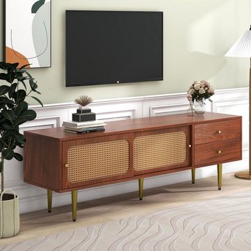 Sweiko TV-Schrank Lowboard mit Rattan-Schiebetüren und 2 Schubladen, Metallfüße, 160*40*60cm