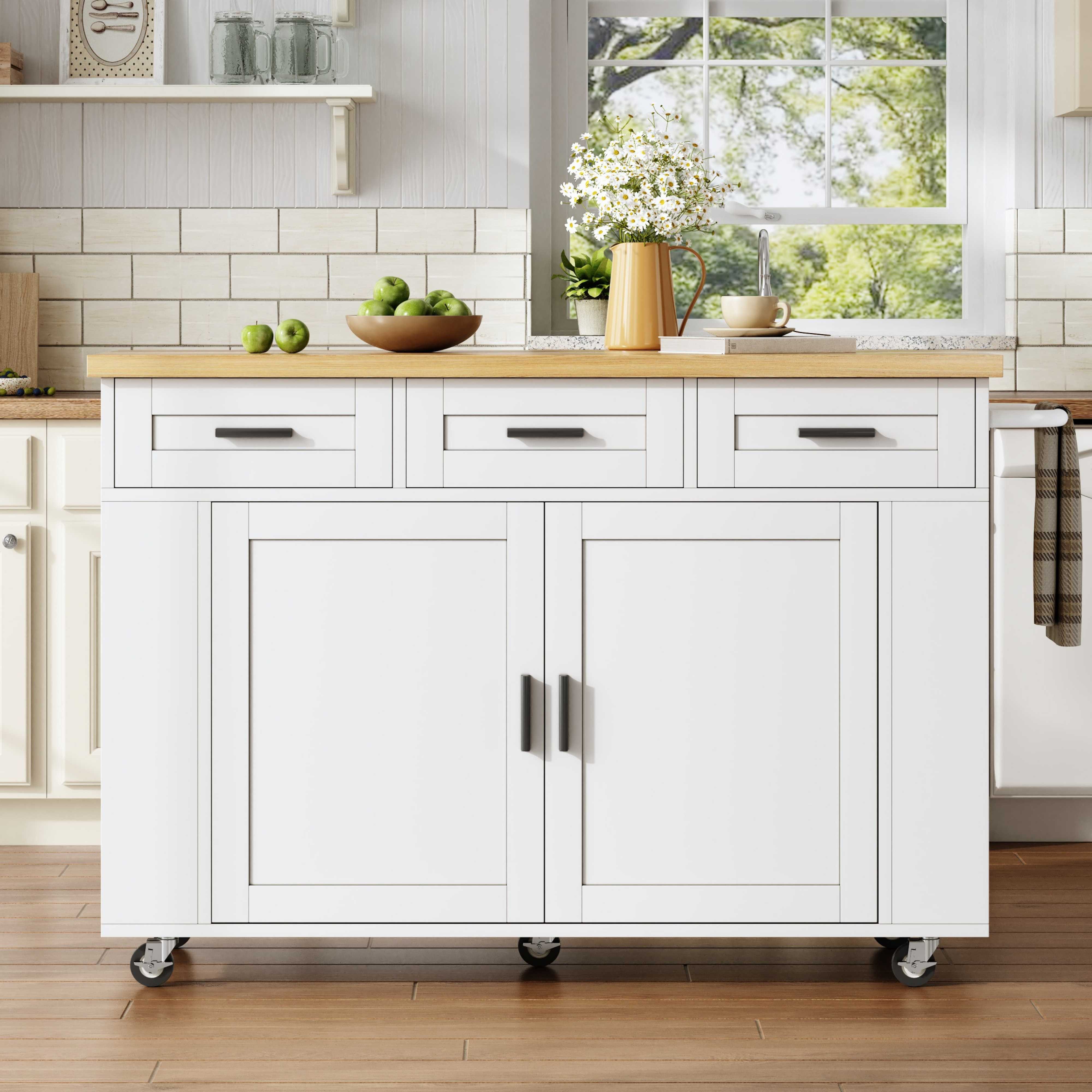 BlingBin Kücheninsel Küchenwagen,Stauraumschrank,Buffetschrank mit klappbarer Arbeitsplatte, (2 Packung), mit Ausziehbarer Schrank-Organizer, Schublade, Steckdosen und Rollen