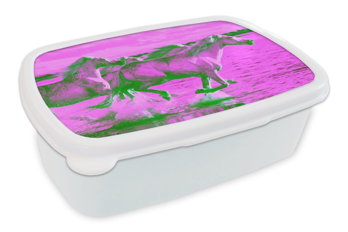 MuchoWow Lunchbox Pferde - Wasser - Rosa - Grün - Mädchen - Kinder - Mädchen, Kunststoff, (2-tlg), Brotbox für Kinder und Erwachsene, Brotdose, für Jungs und Mädchen weiß