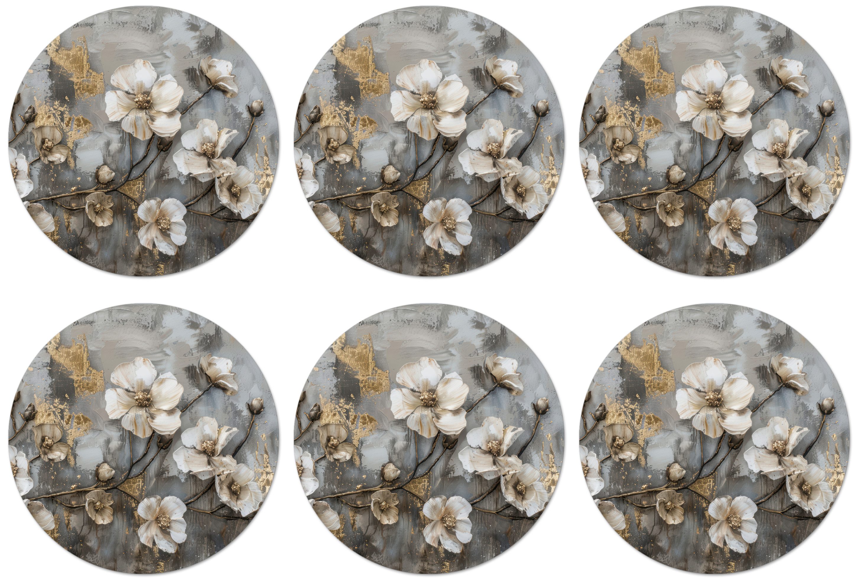 MuchoWow Glasuntersetzer Blumen - Weiß - Grau - Gold
