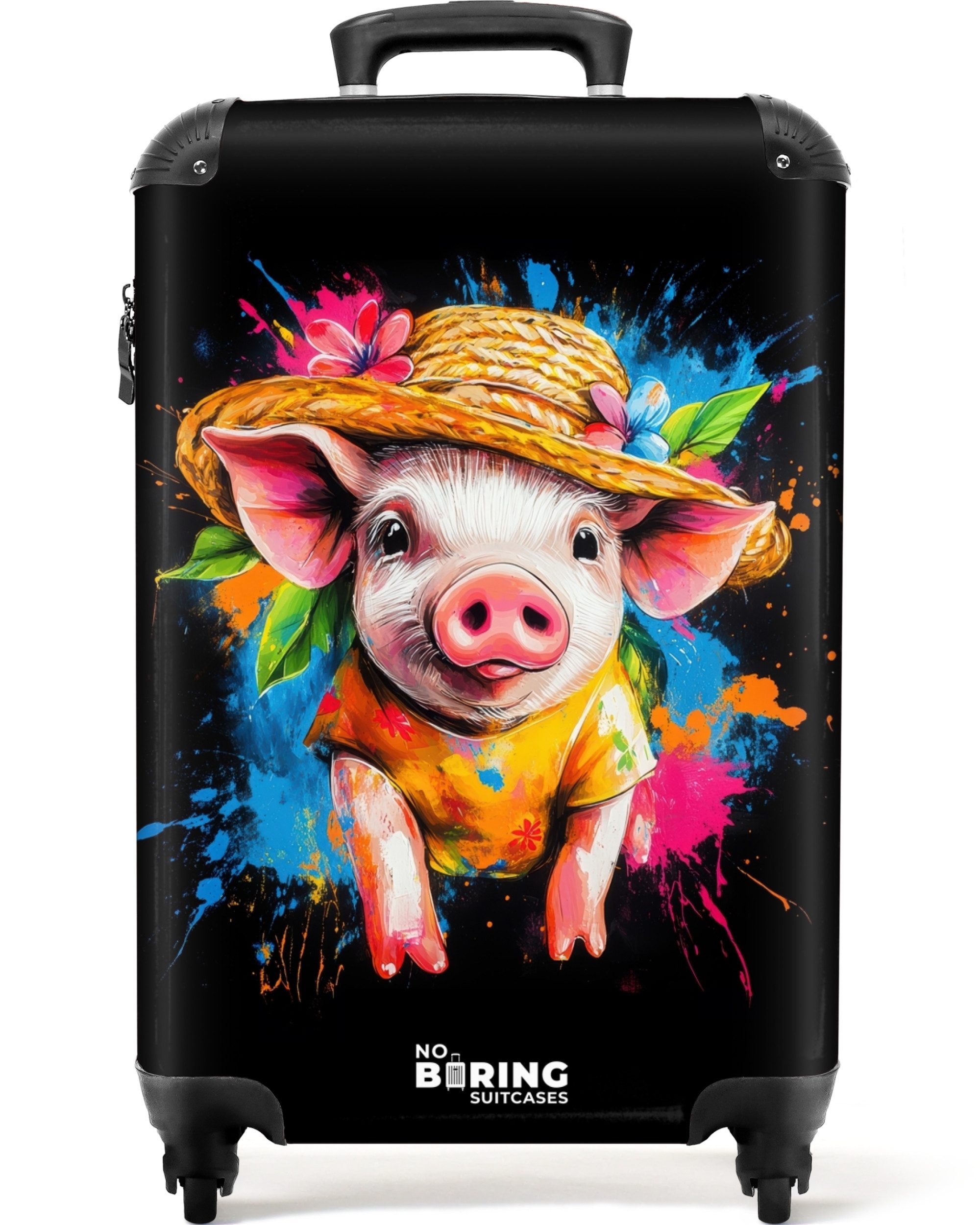 NoBoringSuitcases.com© Hartschalen-Trolley Lustiges Schwein mit Hut Illustration 55x35x20cm, Reisetasche mit Rollen, Koffer Handgepäck Flugzeug
