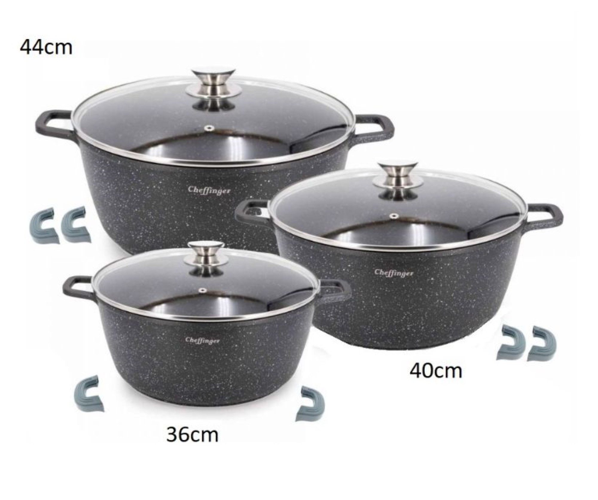 Cheffinger Kochtopf 6-tlg Kochtopfset mit Deckel ø36cm/ø40cm/ø44cm für alle Herdarten, Aluminium, 18/10-Stahl, Glas, Marmor, Antihaft – Bild 4 von 5