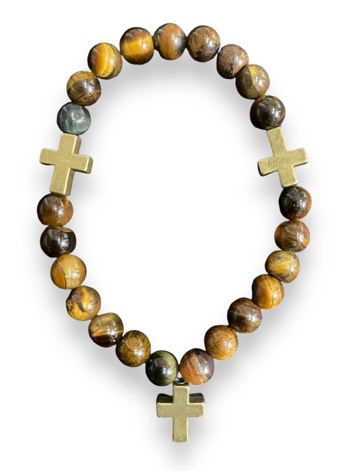 Perlenarmband Tigerauge Edelstein Armband mit 3 Bronze Kreuzen 27 Perlen