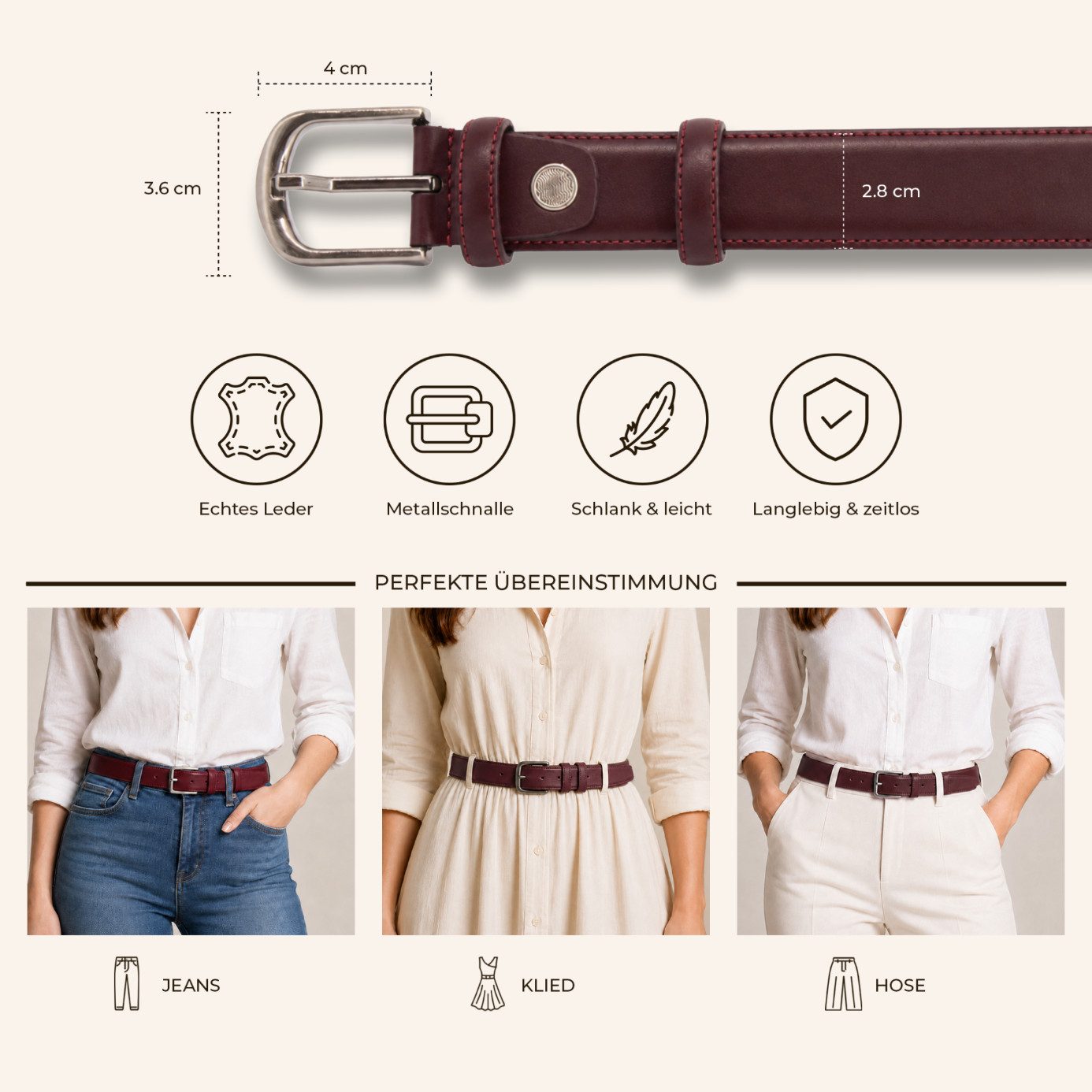 herémood Ledergürtel Gürtel Damen Ledergürtel Jeans & Kleid Geschenke Frauen Accessoires (Gürtel Damen Bordeaux 115 cm - Premium Ledergürtel - handgefertigt - hochwertig verarbeitet - kürzbar, 1-St., Taillengürtel Damen aus Echtleder, für Mom Jeans Damen & Kleid & Hosen) Damengürtel Leder, Geburtstag Geschenk Frau Jeans, Hosen & Kleidung