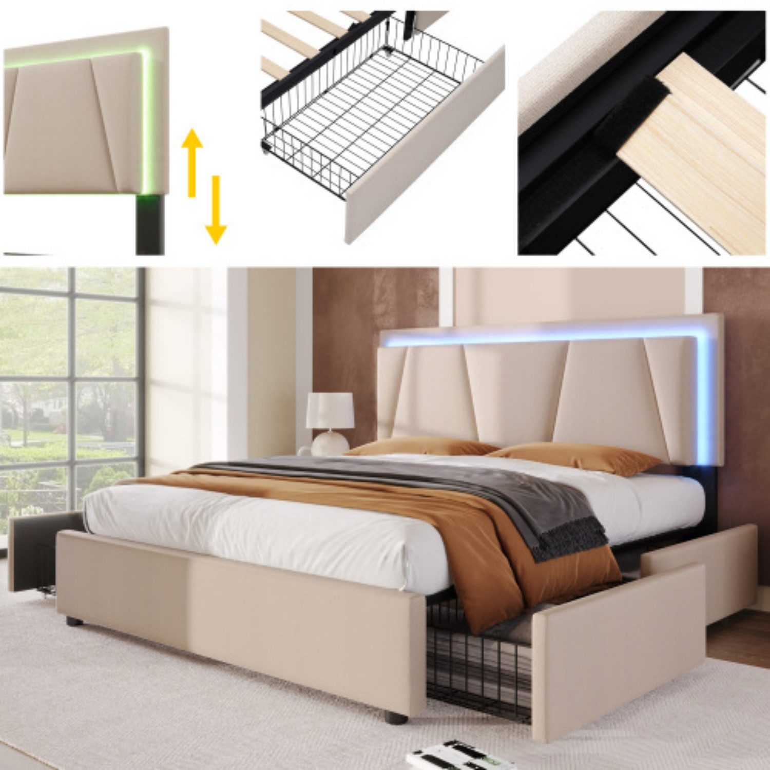 ANYSUN Polsterbett 140 × 200 cm, mit Stauraum und LED, höhenverstellbares Kopfteil (1 Bettgestell inkl. Holzlattenrost und 4 Schubladen, ohne Matratze), Doppelbett, 4 Schubladen auf Rollen, Holzlattenrost