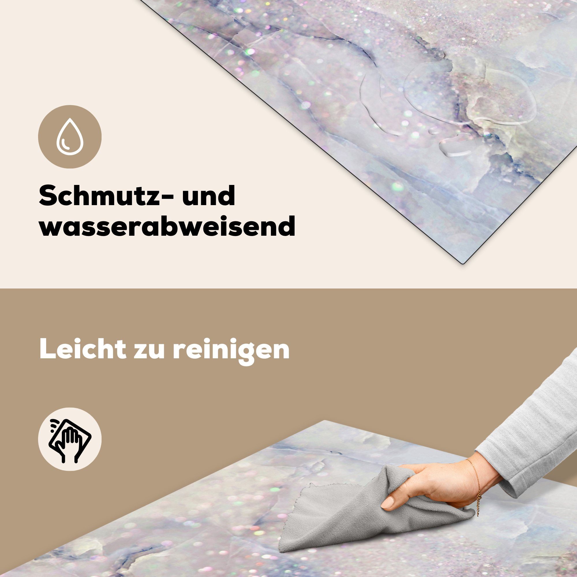 MuchoWow Herdblende-/Abdeckplatte Marmor - Glitter 78x78 (1 tlg), Ceranfeldabdeckung, Vinyl, Blau, - küche cm, Arbeitsplatte für