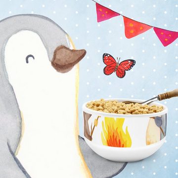 Mr. & Mrs. Panda Müslischale Pinguin Lagerfeuer - Weiß - Geschenk, Lebensspruch, Müslischüssel, Mü, Keramik, (1-tlg), Einzigartiges Design