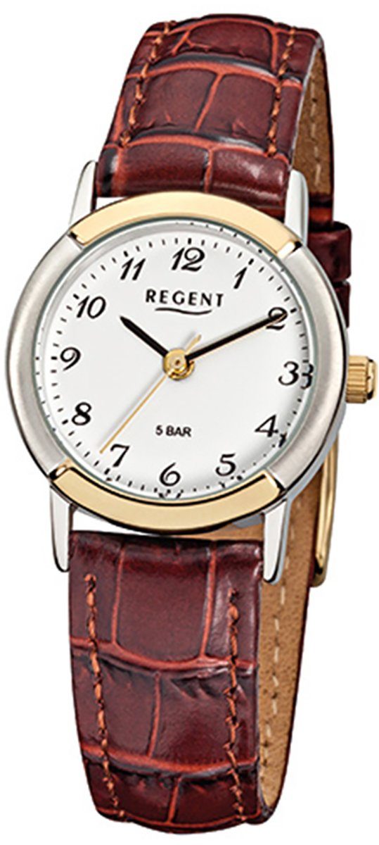 Regent Quarzuhr Regent Damen-Armbanduhr braun Analog F-576, Damen Armbanduhr rund, klein (ca. 25mm), Lederarmband