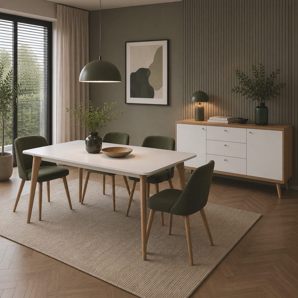 Lomadox Esszimmer-Set POSITANO-160, (Spar-Set, 2-St., Esstisch Sideboard), in Weiß mit Eiche, inkl. Beleuchtung, Retro-Design