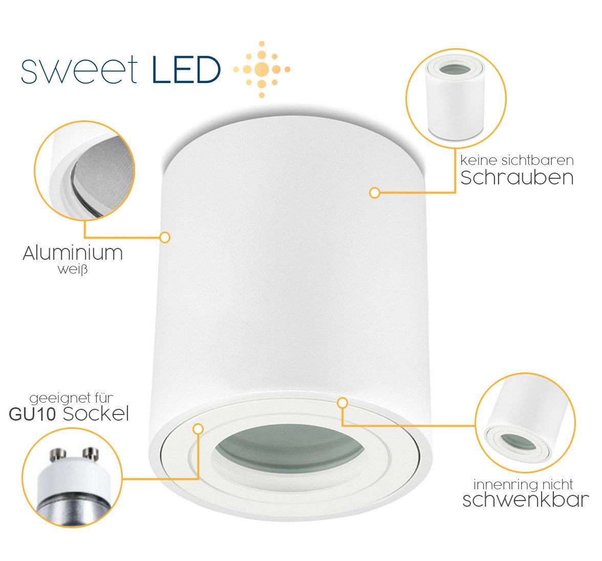Sweet LED Aufbauleuchte 4er Set GU10 Alu Deckenspots IP44 Badezimmer weiß 230V, spritzwassergeschützt, ohne Leuchtmittel, Aufbaustrahler LED, Aufbauspot, Deckenstrahler