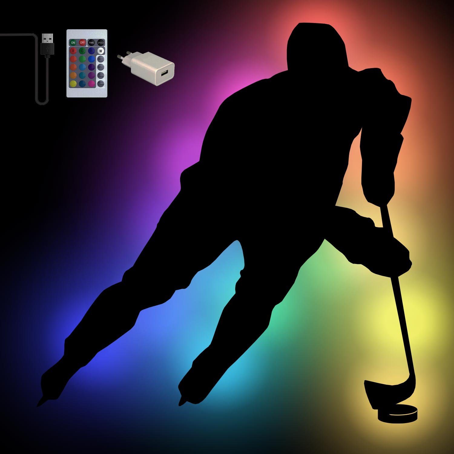 Namofactur LED Wandleuchte RGB Eishockey Spieler LED Wanddeko Wand Dekoration aus Holz, LED fest integriert, Farbwechsler Unbehandelt