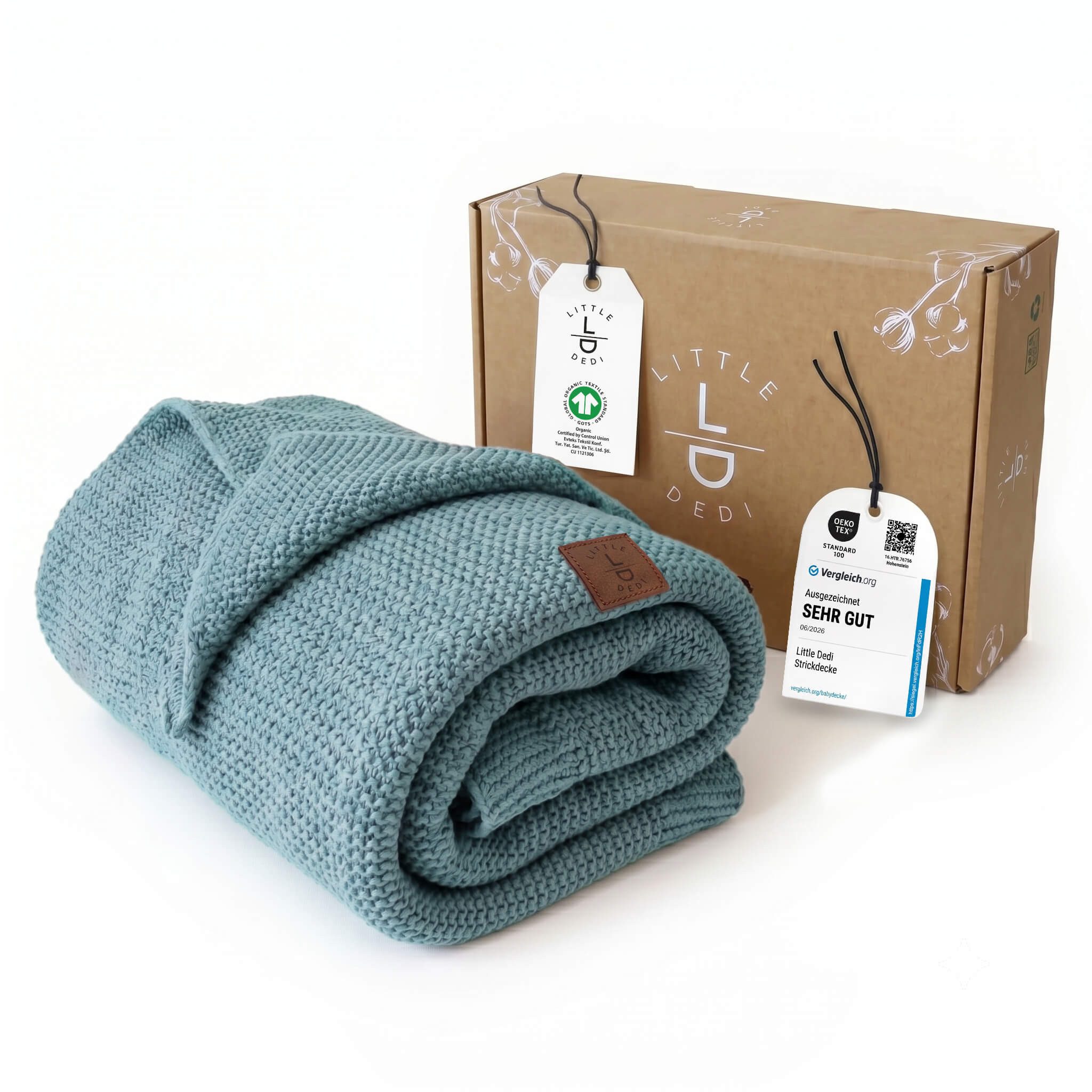 Babydecke Baby Strickdecke, %100 Bio Baumwolle, Atmungsaktiv, 80x100cm Rauchblau, Little Dedi