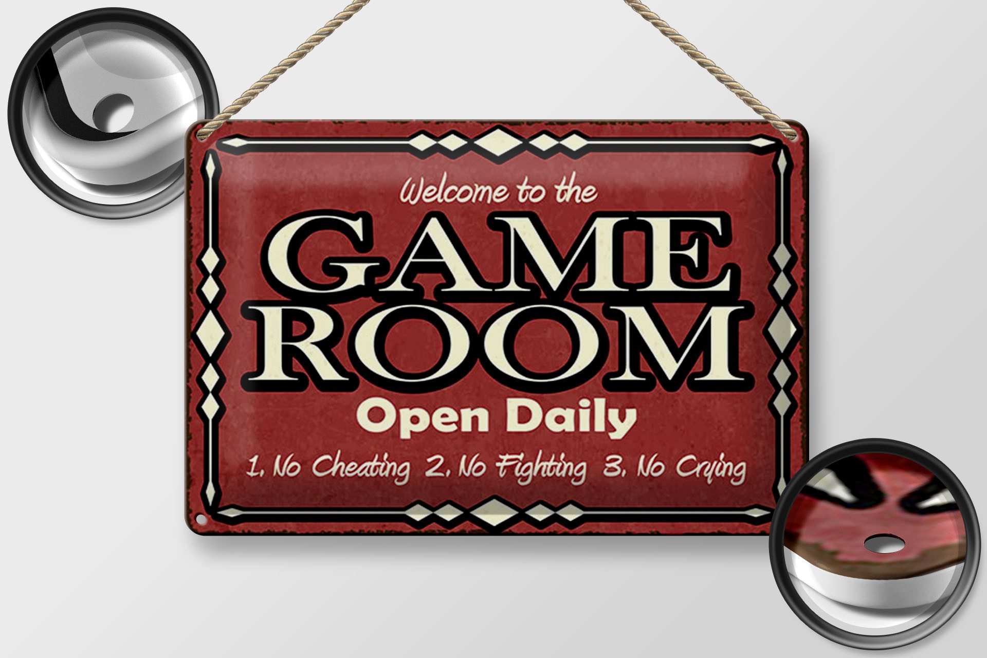 Femer GmbH Metallschild 12x18 cm Game room open daily rotes Deko, (1 St), gewölbte Oberfläche, abgerundete Ecken, umgeschlagene Kanten