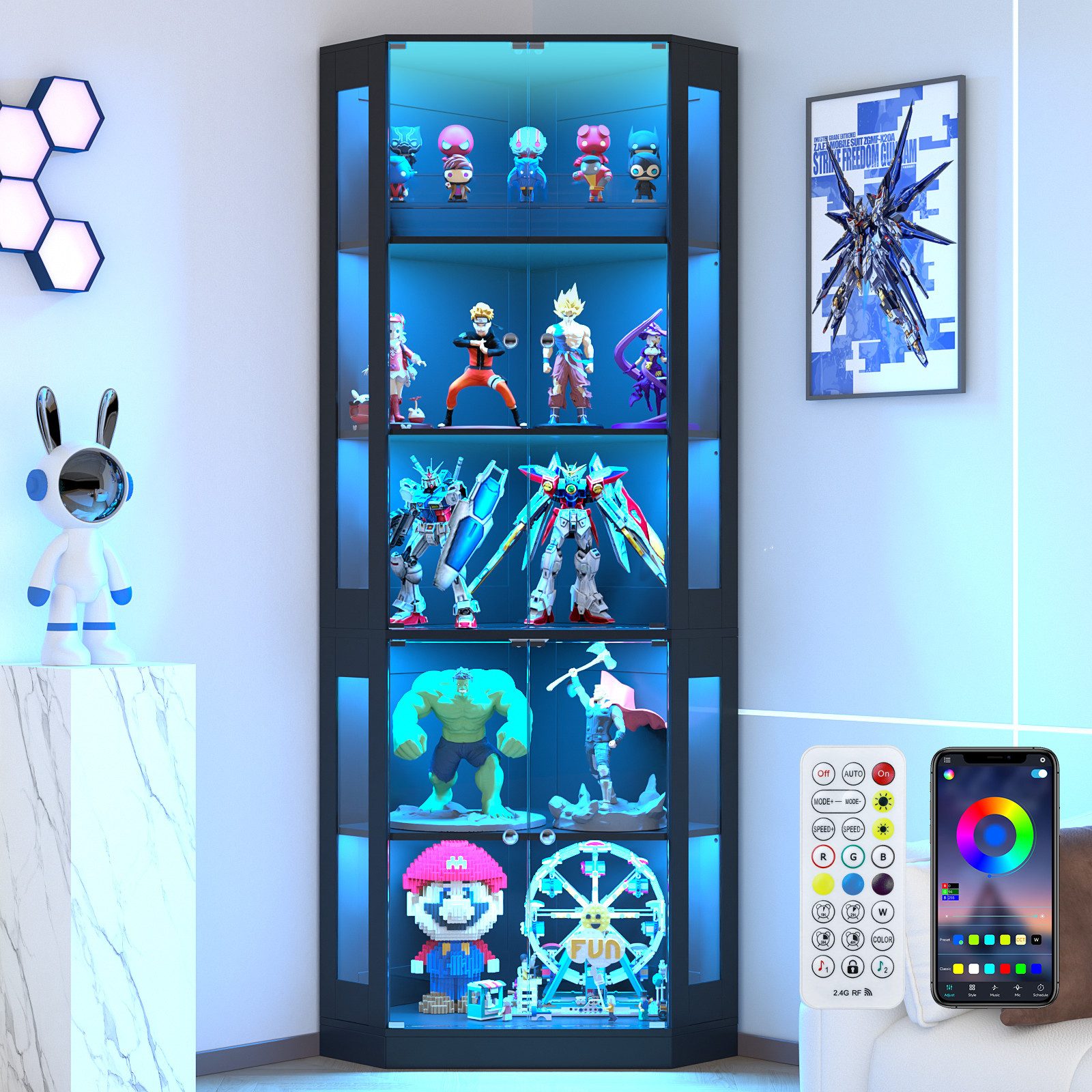 VOWNER Eckschrank 205 cm Beleuchtete Vitrine mit Glastüren, 5-stöckiges Eckregal (1-St) mit 3 Farblichtern & Bewegungssensor für Sammlerstücke, Bücher