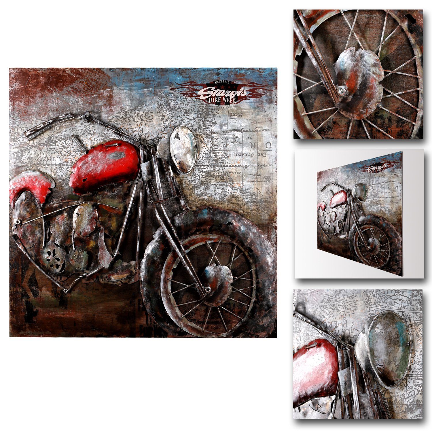 Home4Living Metallbild Metallbild 3D 100x100cm Wandbild Relief Unikat handgefertigt, Bike Week Red, 3D Effekt