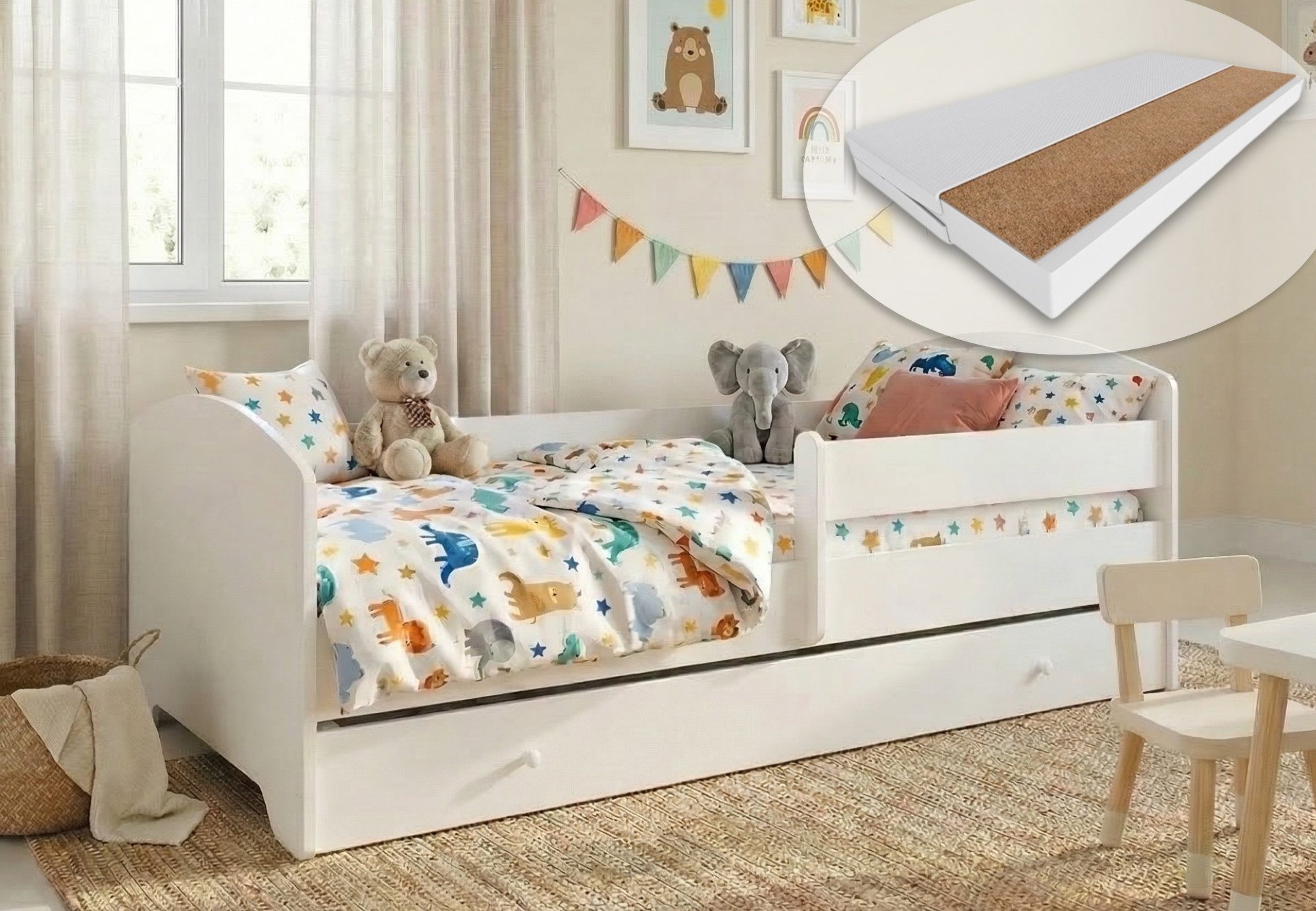 Kids Collective Kinderbett 70x140 / 80x160 cm Komplettset mit Matratze & Schublade (Bett für Jungen und Mädchen, Einzelbett für Kinder von 2 - 10 Jahren), komplettes Set in Weiß für Jungen und Mädchen 70x140 cm