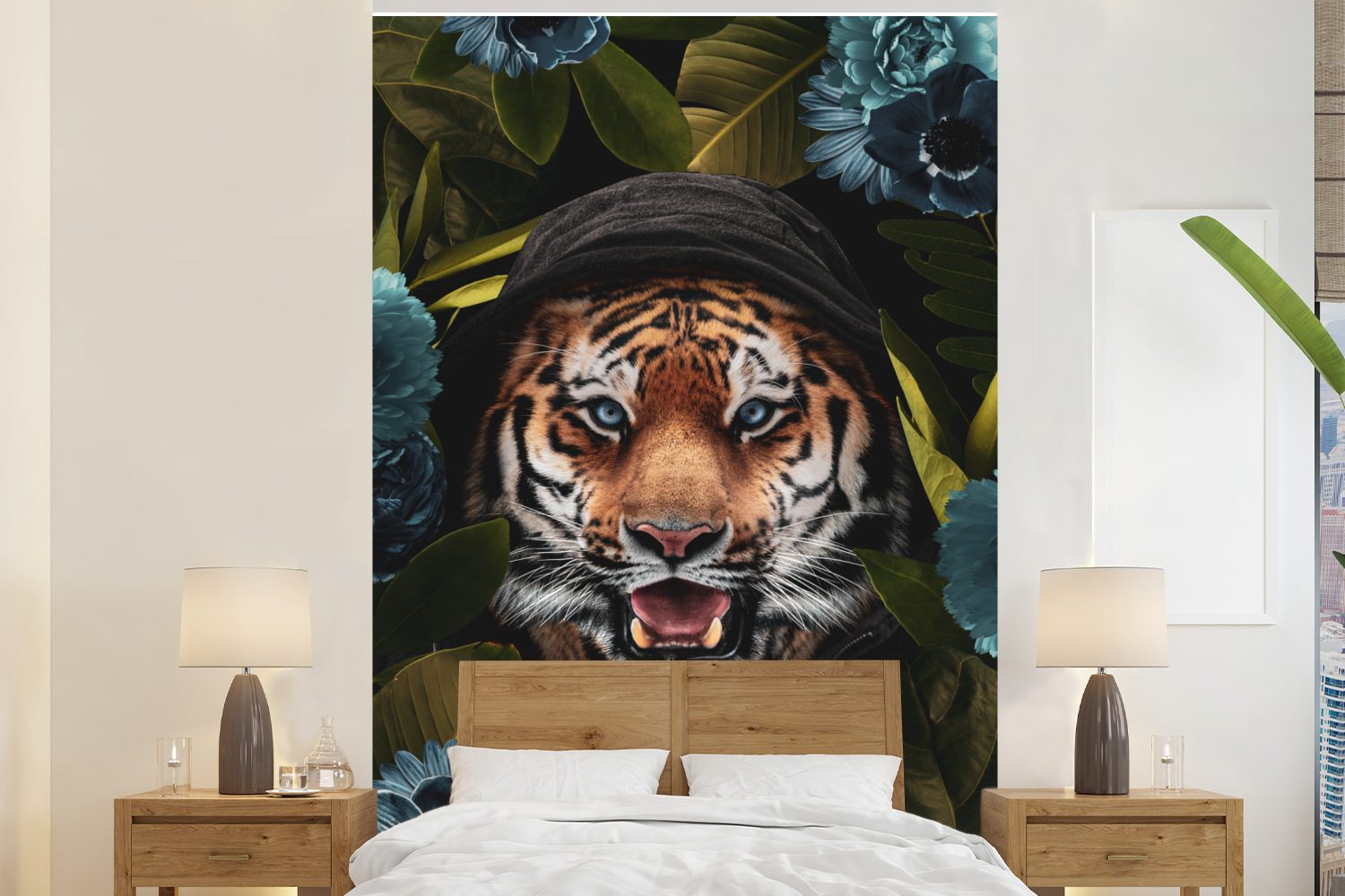 MuchoWow Fototapete Tiger - Blumen - Pflanzen, Matt, bedruckt, (3 St), Montagefertig Vinyl Tapete für Wohnzimmer, Wandtapete