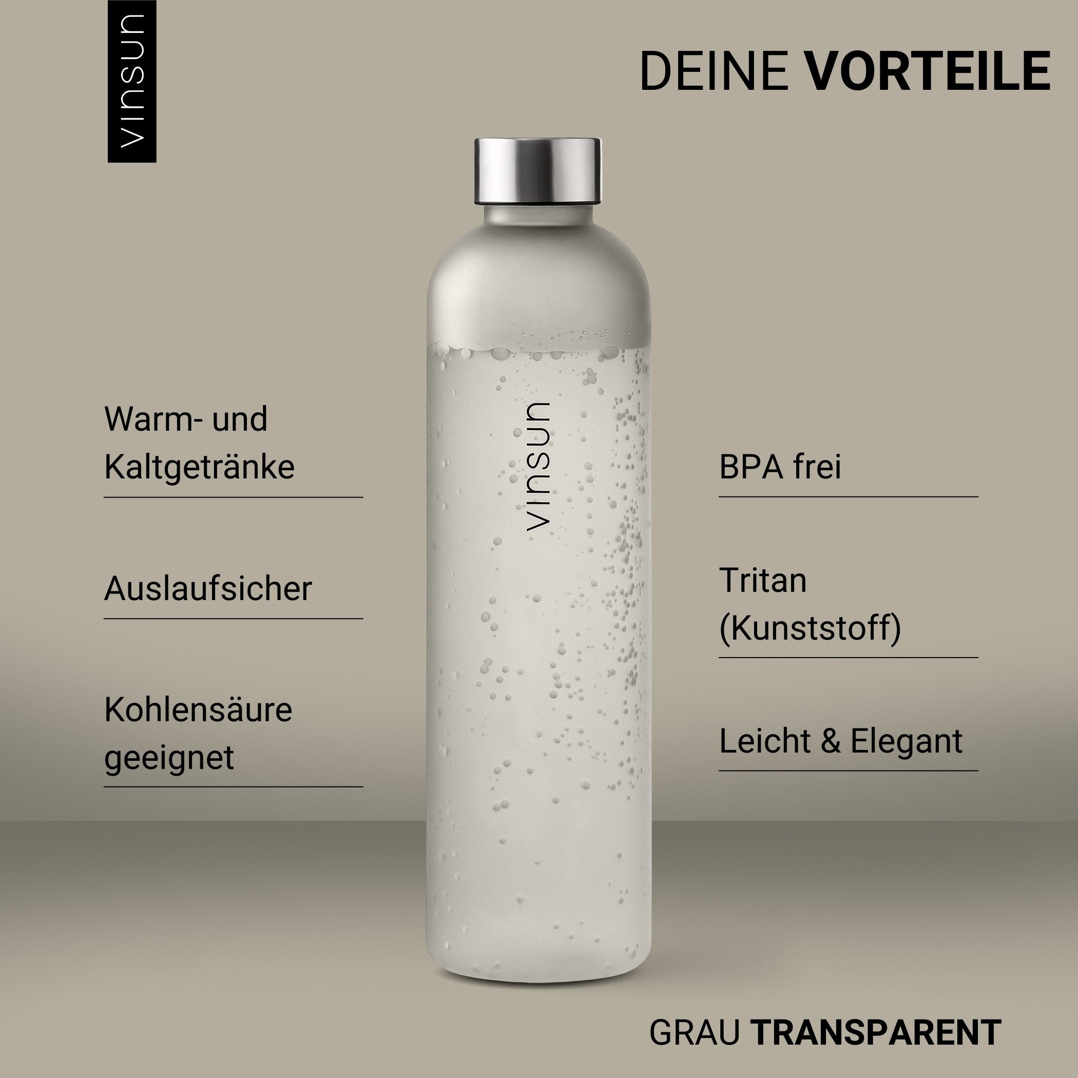 Vinsun Trinkflasche Tritan Wasserflasche 1,5l, Sportflasche Kohlensäure geeignet, BPA frei, Auslaufsicher, bruchsicher, geruchs- und geschmacksneutral