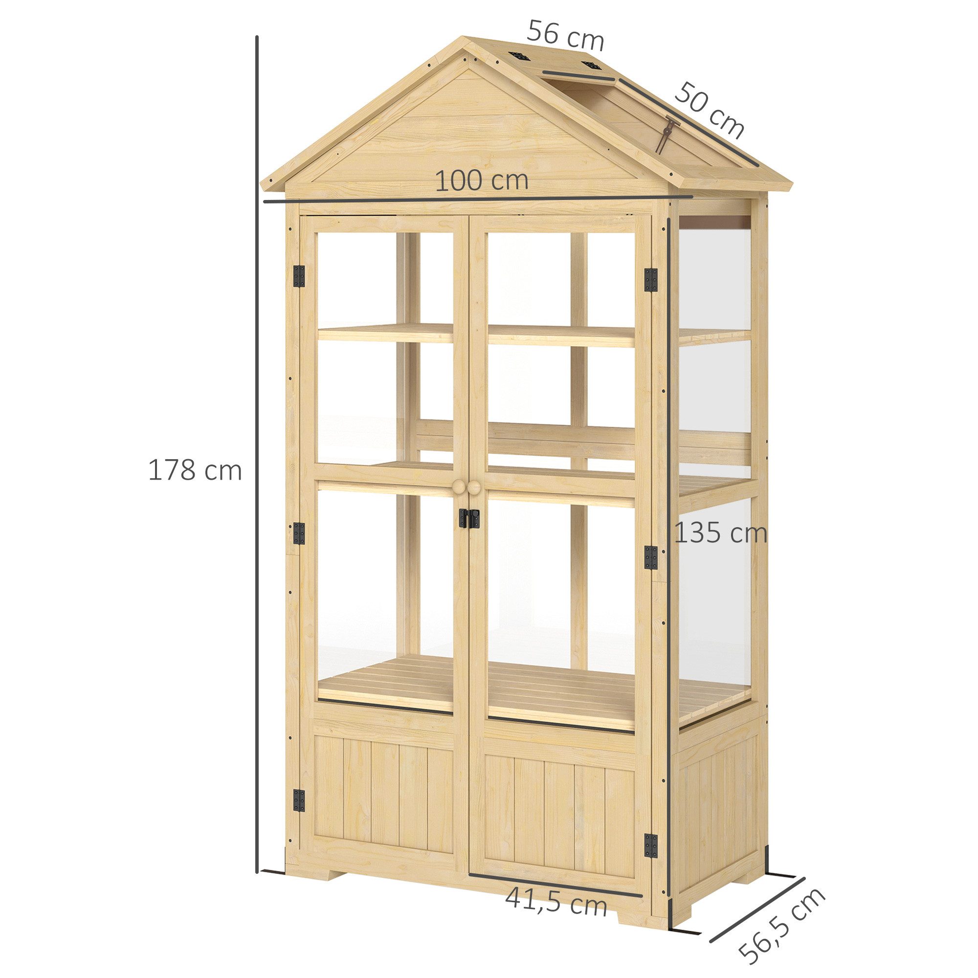 Outsunny Hochbeet Frühbeet aus Holz Abschließbar mit 4 Ebenen, Dachfenster, Doppeltür (Anzuchtbeet, 1 St., Frühbeetkasten), für Garten, Balkon, Natur, 100 x 56, – Bild 3 von 5