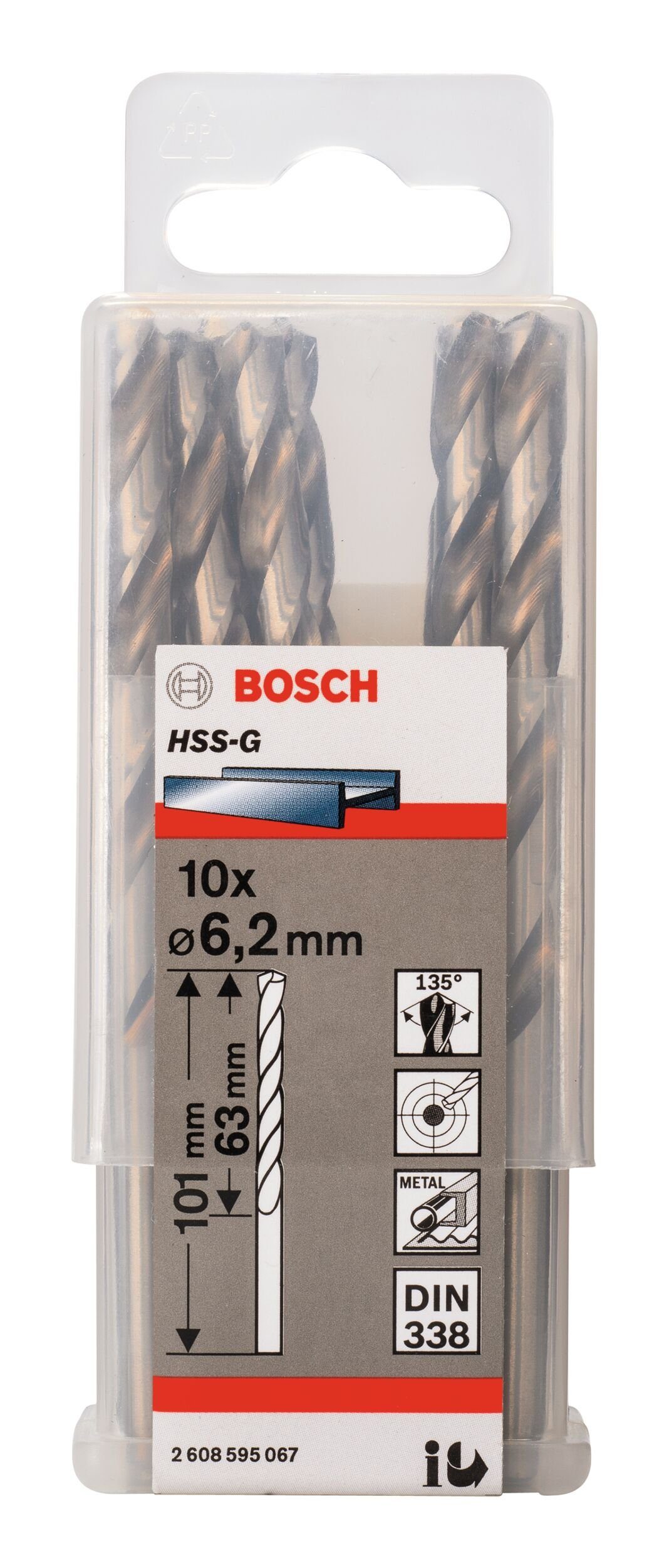 (DIN x Metallbohrer, 6,2 x Stück), - 101 BOSCH HSS-G 63 338) 10er-Pack - (10 mm