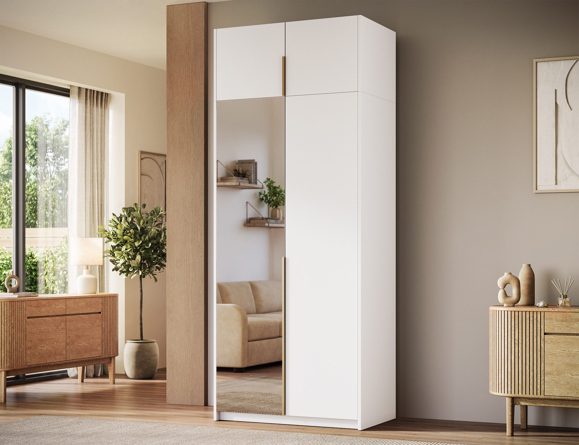 MOEBLO Drehtürenschrank Lunaro II (moderner Kleiderschrank 2-türig Schrank Garderobe Schlafzimmer, 100 cm, mit Spiegel Drehtüren Weiß Kaschmir Artisan Gold Griffe optional mit Aufsatz) (BxHxT): 100 x 204 x 58 cm