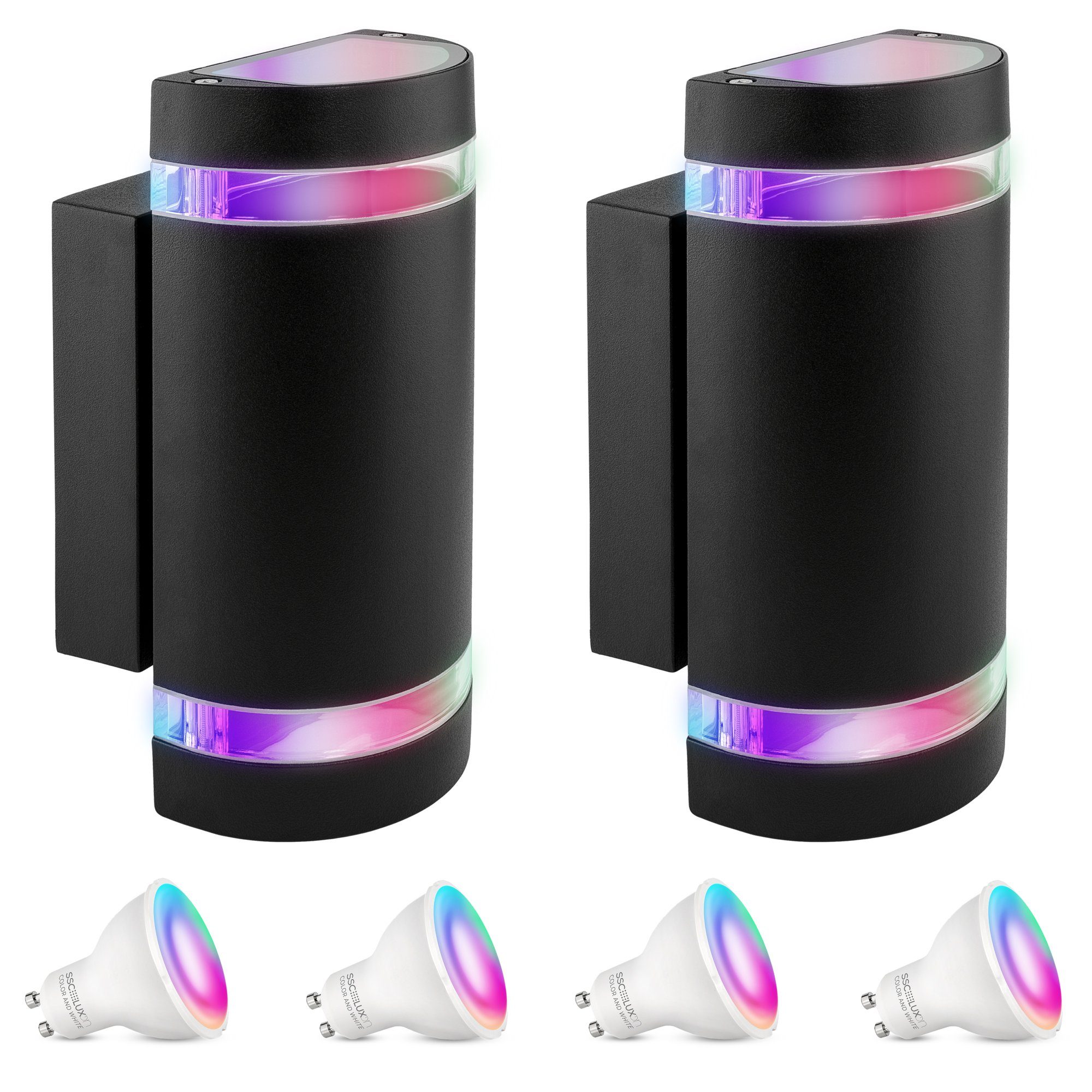 SSC-LUXon Smarte LED-Leuchte ZORA Up Down Aussen Wandleuchte IP44 schwarz halbrund 2x Smart LED, RGB & Weißtöne