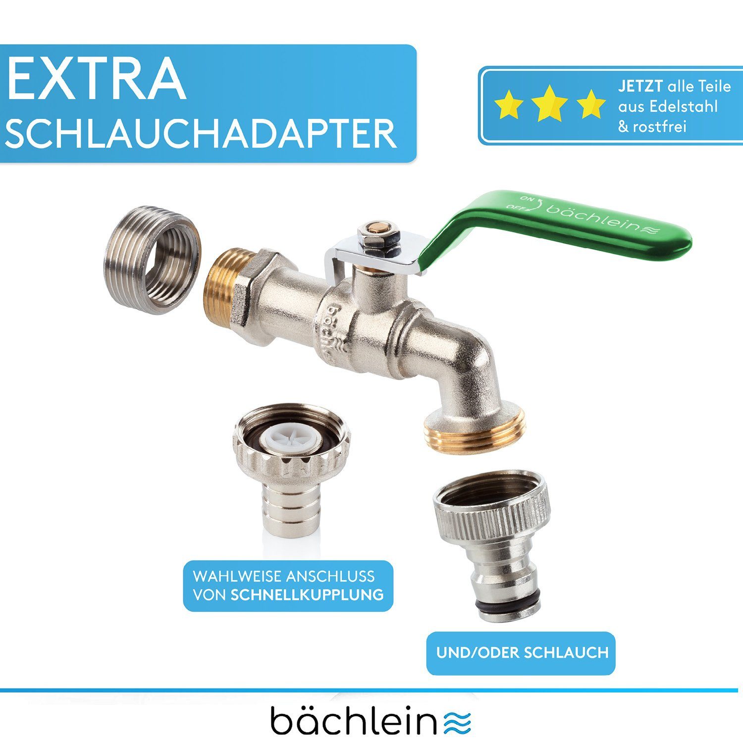 Bächlein Absperrventil Wasserhahn für den Garten - inkl. Adapter und PTFE-Tape