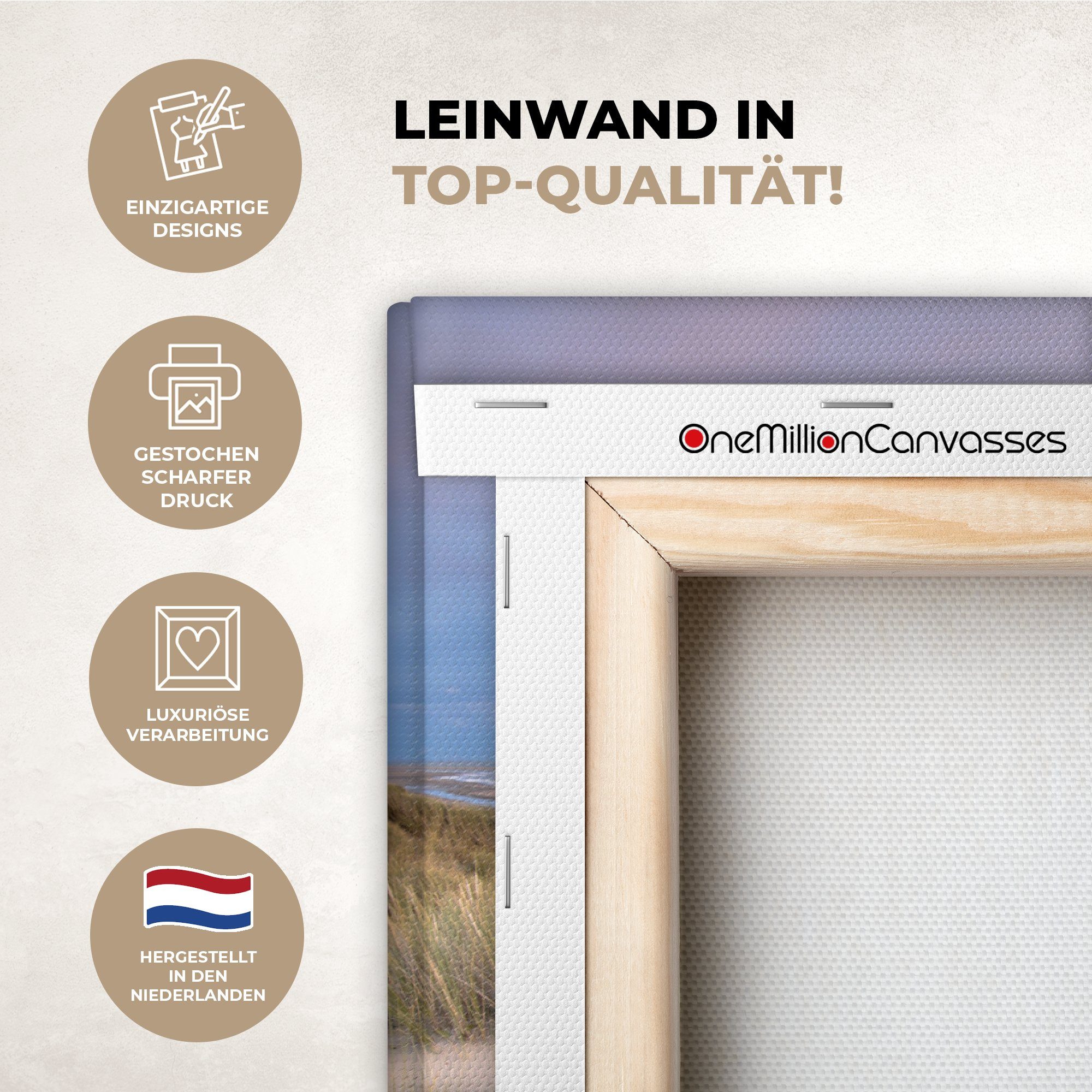 OneMillionCanvasses® Leinwandbild Strand - Meer - Dünen - Niederlande - Rosa, Fotodruck (1 St), Leinwände Wanddeko Wohnzimmer Schlafzimmer 60x40 cm