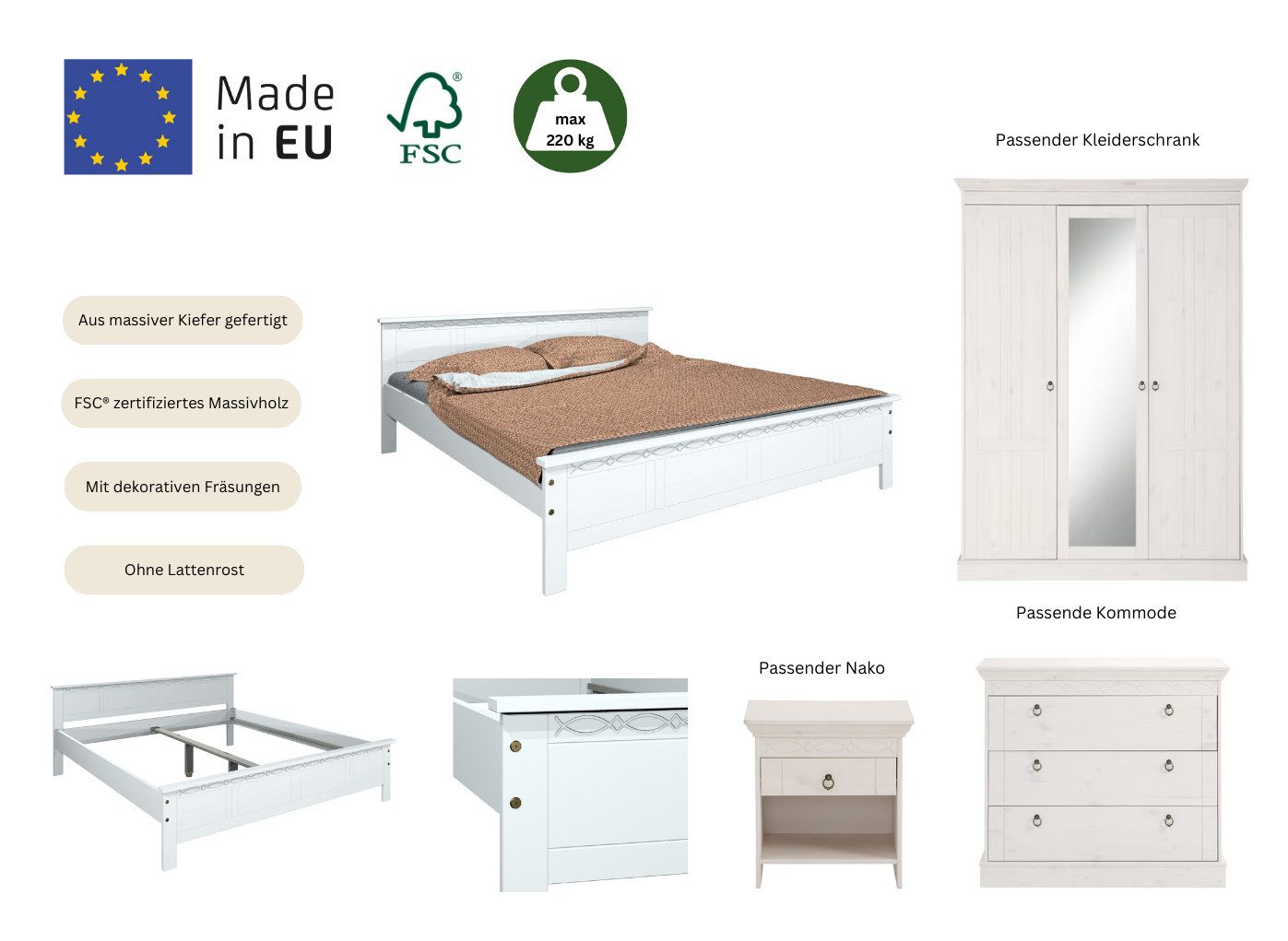 OTTO home Massivholzbett Indra, Landhausstil, edles Design,zertifiziertes Massivholz (Breite/Belastbarkeit 180cm/220 KG, 140cm/180 KG, 90cm/120 KG), mit Kopftei – Bild 4 von 5