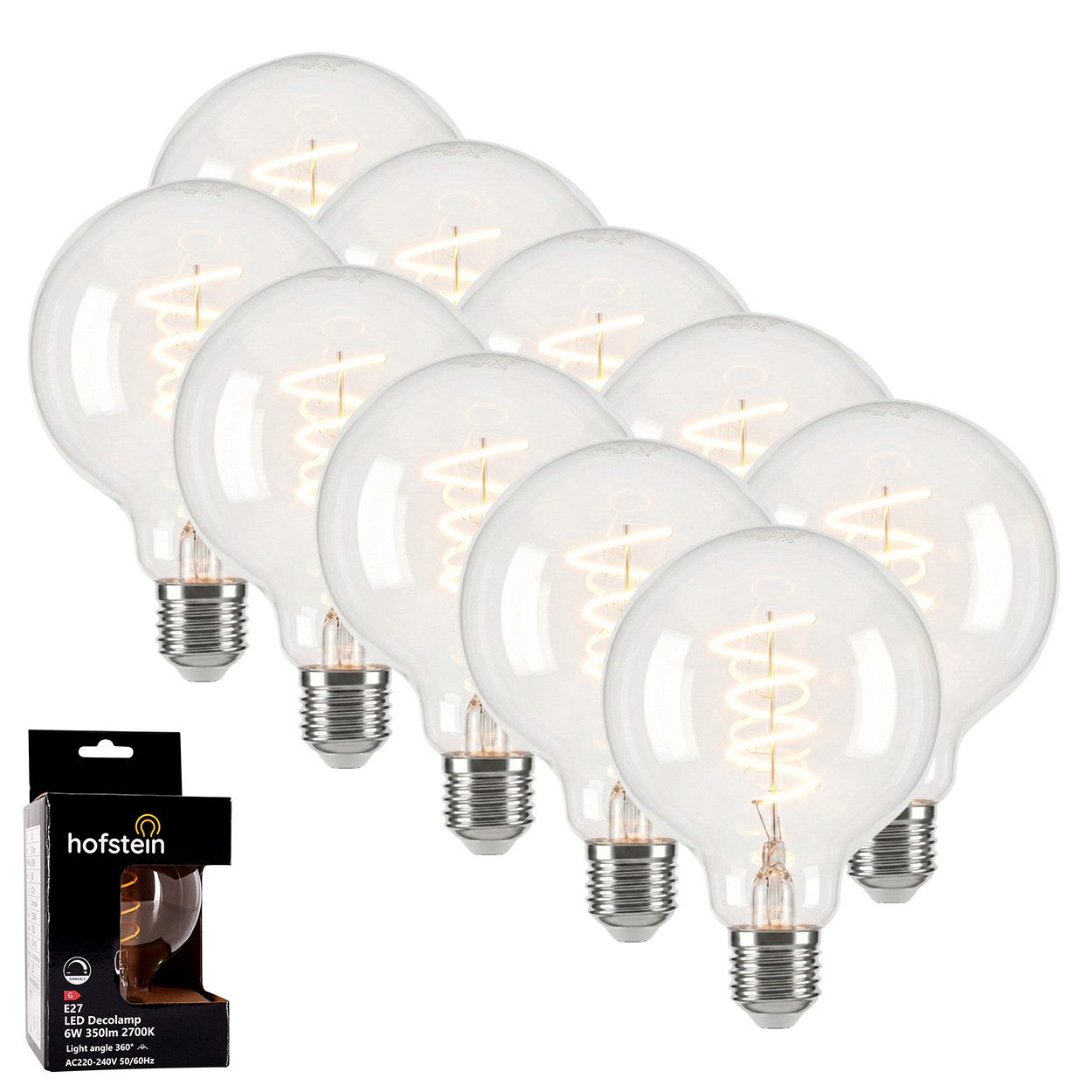 hofstein LED-Leuchtmittel 10er Set Glühbirne Warmweiß dimmbar 6 Watt, E27, 2700 Kelvin, 350 Lumen, Globe Vintage, Filament Spirale, Klar
