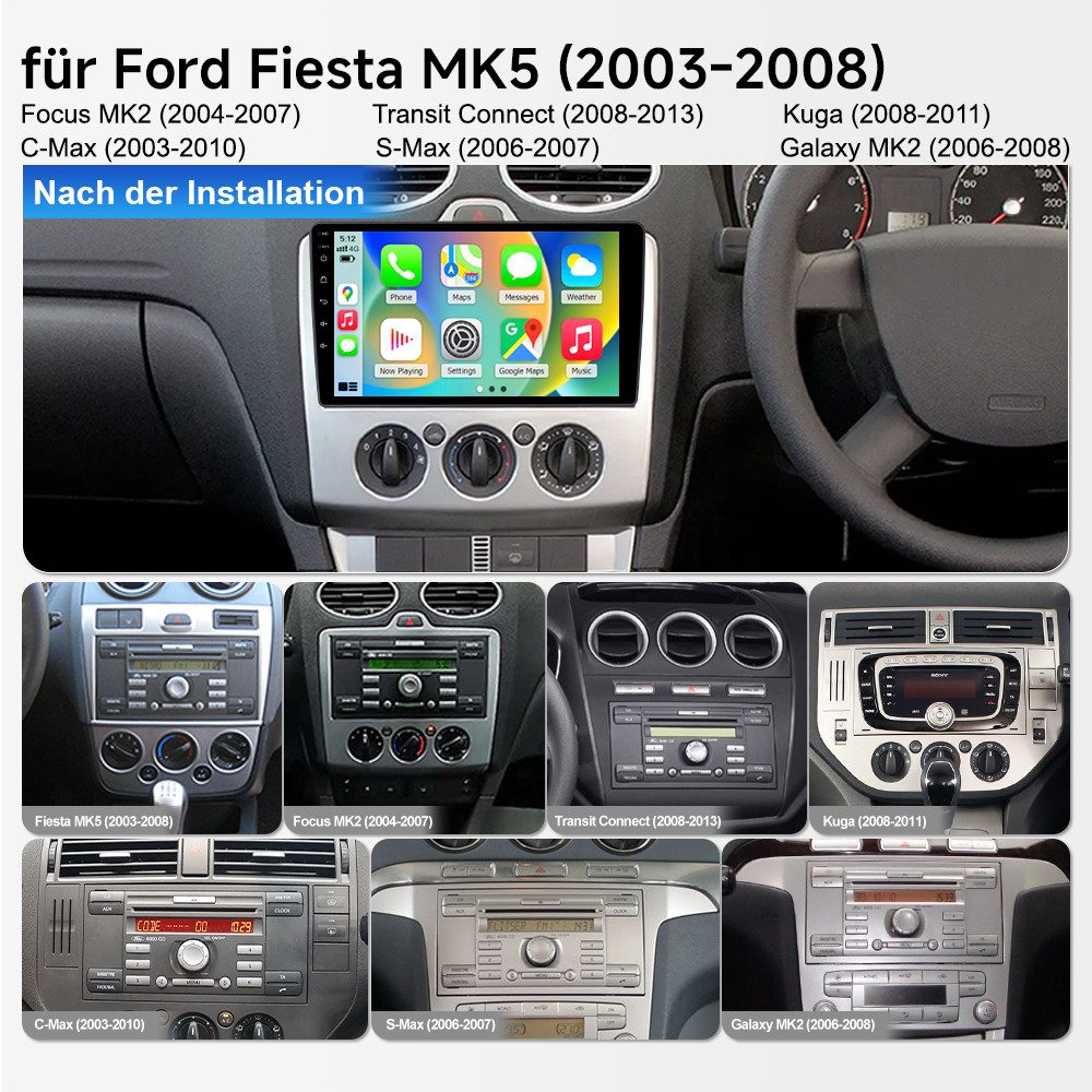 A-Sure 8-Core Android 15 Carplay 64GB Für Ford Fiesta MK5 C/S Max Galaxy MK2 Autoradio (Digitalradio (DAB), FM, AM, 1280*800 IPS Screen/ CPU, RDS, DSP, GPS, SWC, Navi, UI Theme, Siri, Mirrorlink, Google play, Netflix, Youtube, Calendar, TikTok)