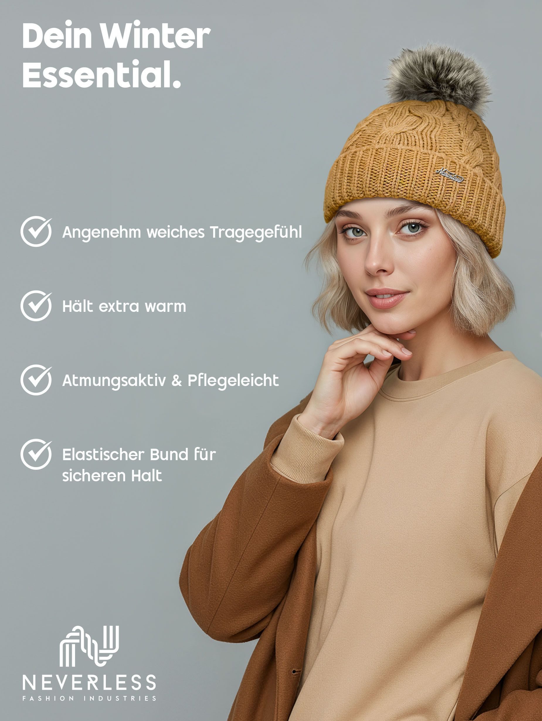 Neverless Strickmütze Damen Strickmütze mit Bommel Grobstrick Pudelmütze mit Fellbommel