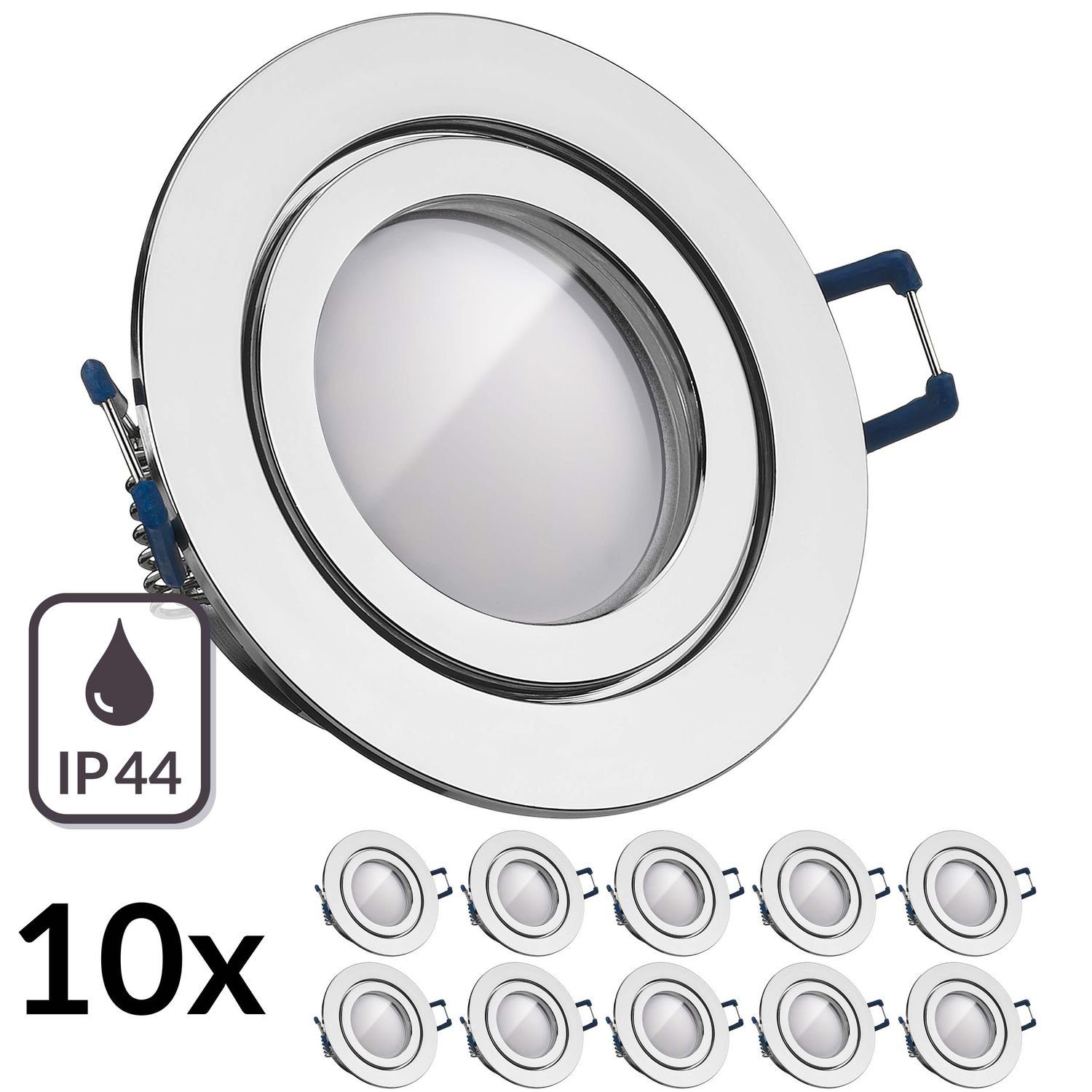 LEDANDO LED Einbaustrahler 10er IP44 LED Einbaustrahler Set Chrom mit LED GU5.3 / MR16 Markenstra | Strahler