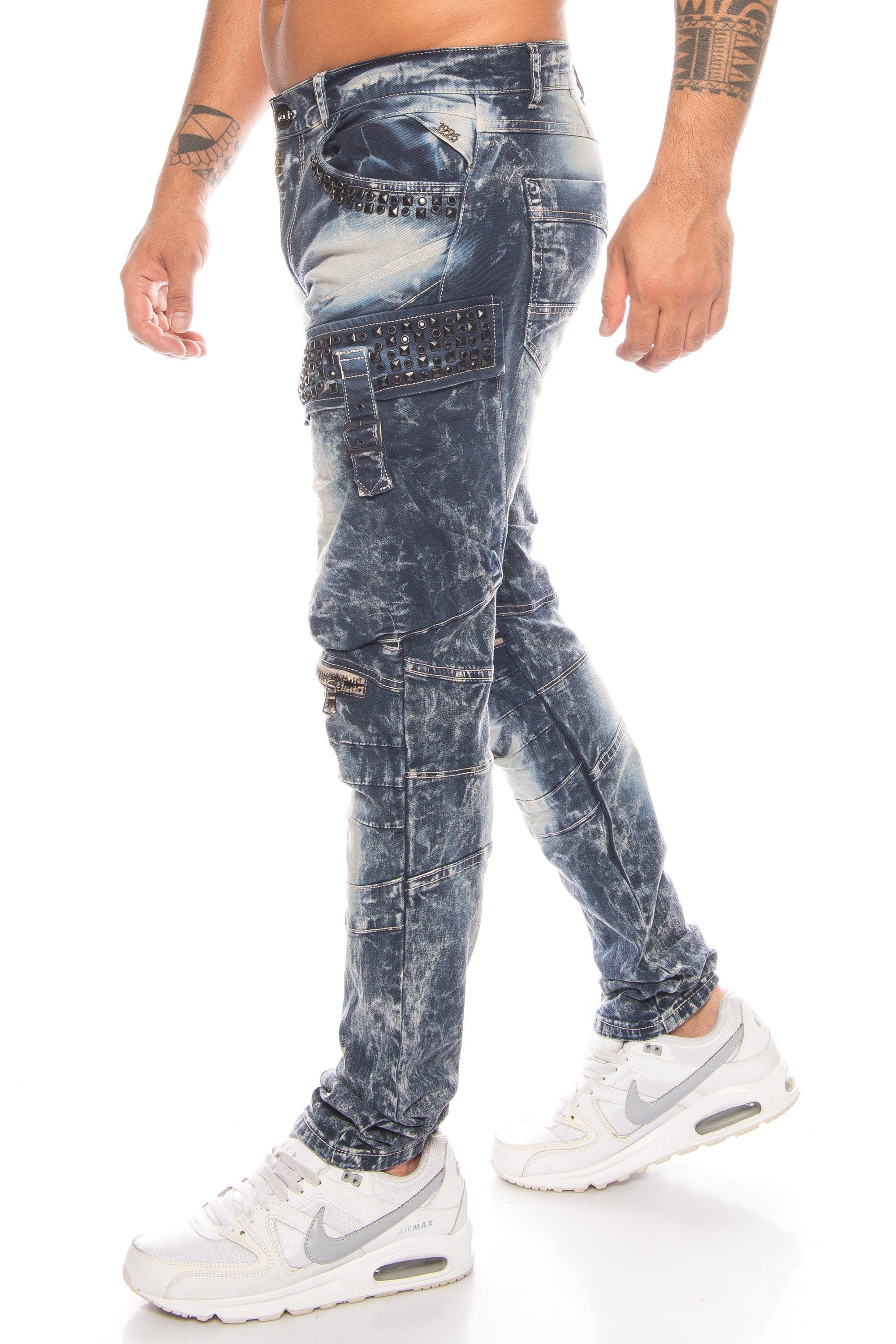 mit Blau Cipo Zierreißverschlüssen Strasssteinen mit & Hose stylischer Cargo Waschung Batik und Jeans Jeanshose Slim-fit-Jeans Baxx Herren