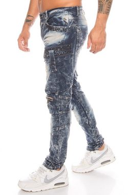 Cipo & Baxx Slim-fit-Jeans Herren Cargo Jeans Hose mit Strasssteinen Jeanshose mit Zierreißverschlüssen und stylischer Batik Waschung