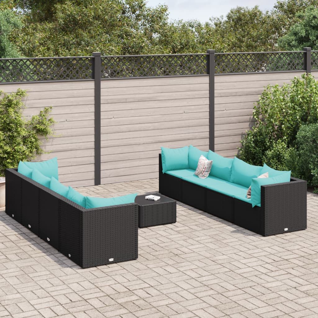 vidaXL Gartenlounge-Set, 9-tlg. Garten-Lounge-Set mit Kissen Schwarz Poly Rattan