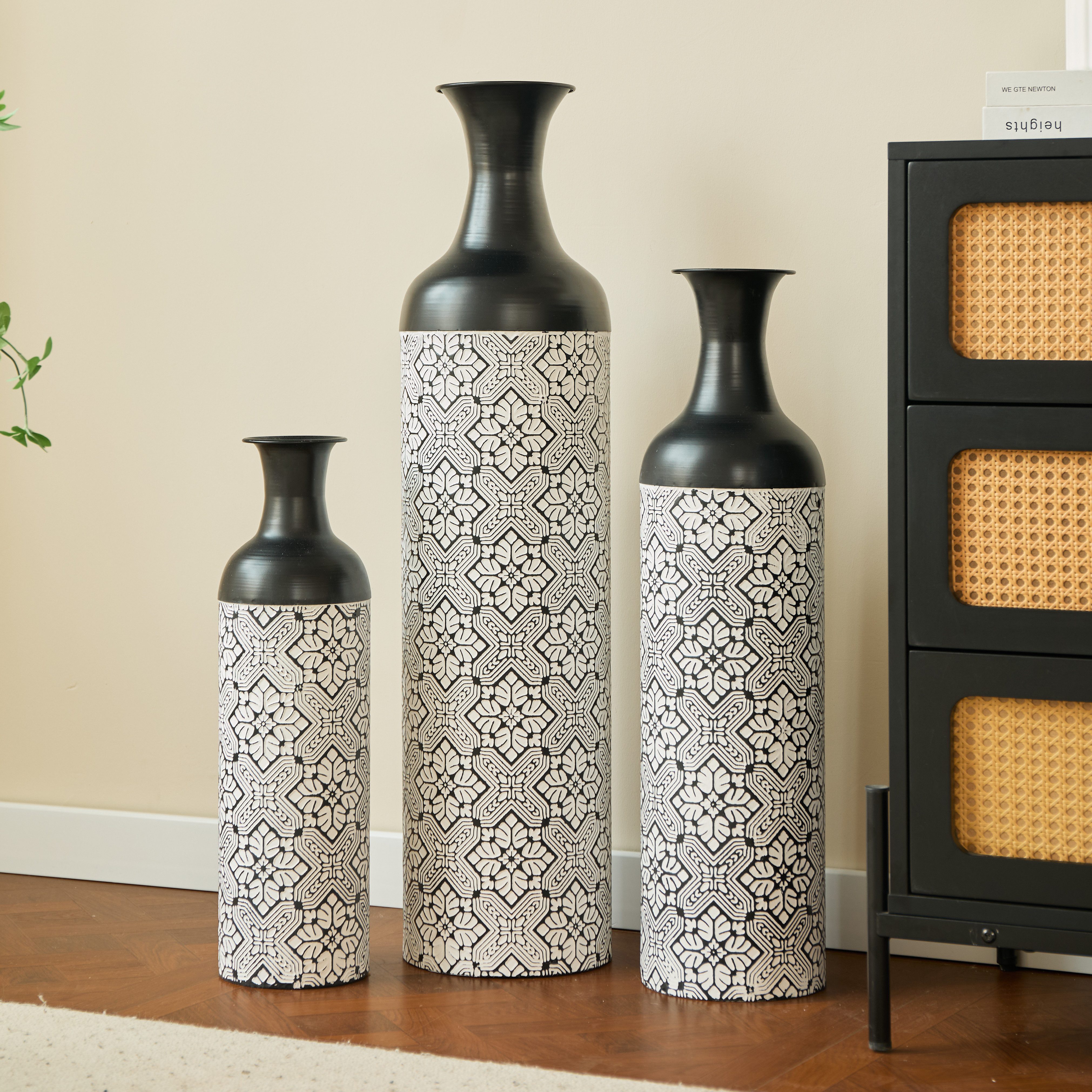 Celya Bodenvase Boden bis zur Decke reichende Vase – 83/65/50 cm hohes Metallvasen Set (für Wohnzimmer und Schlafzimmer, mit Pampasgraszweig, vom Boden bis zur Decke reichend), 3 Retro-Vasen vom Boden bis zur Decke, hohe dekorative Vase