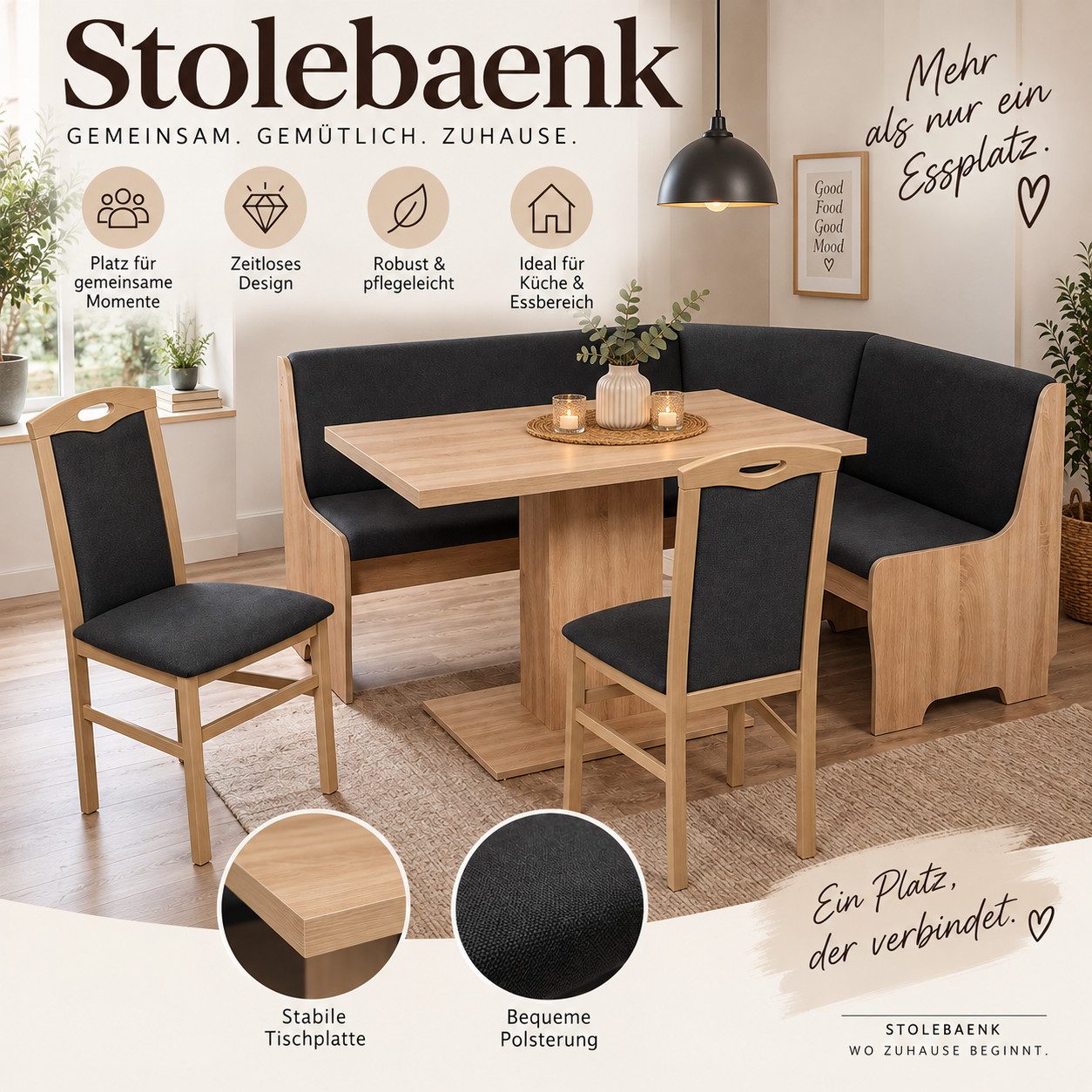 Stolebaenk Eckbankgruppe Bakersfield OLNISOTI, (Eckbankgruppe, 4-tlg., 1 x Eckbank, 1 x Tisch, 2 x Stuhl), bequeme Polsterung, unempfindliche Polsterung