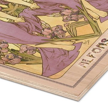 Posterlounge Holzbild Alfons Mucha, Die Blumen - Iris, Wohnzimmer Vintage Malerei