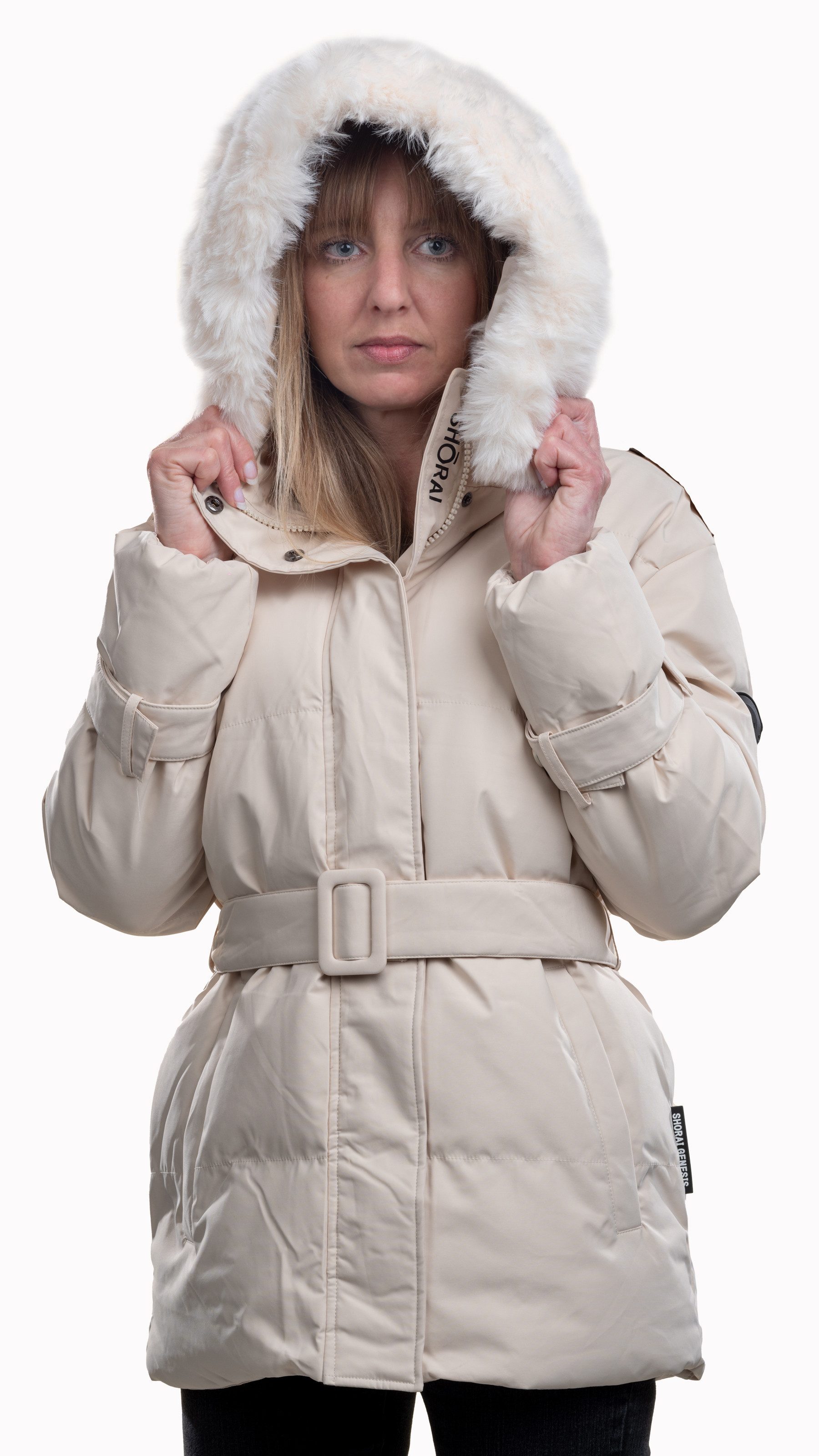 Shorai Steppjacke SH2404.601 abnehmbarer Kunstfellbesatz an der Kapuze, verstellbarer Taillengürtel