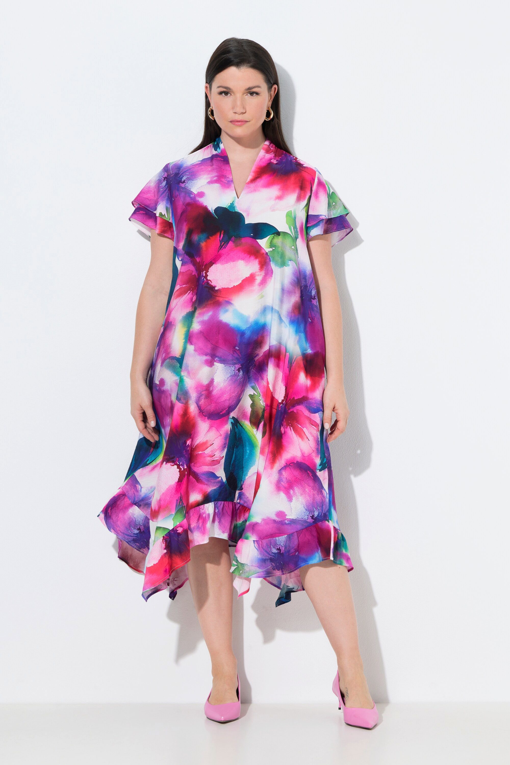 Ulla Popken Midikleid Midikleid Aquarellblüten A-Linie Kelchkragen günstig online kaufen